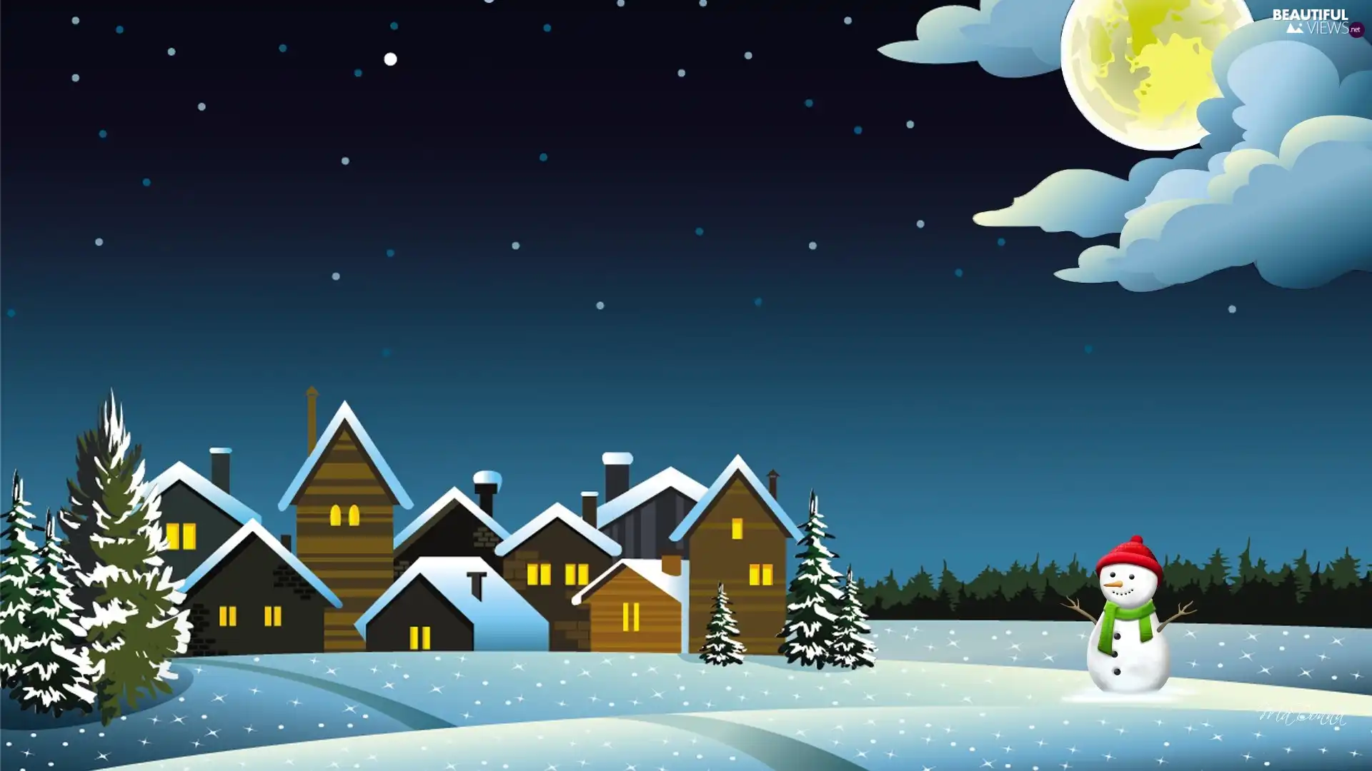winter, Houses, Snowman, Night