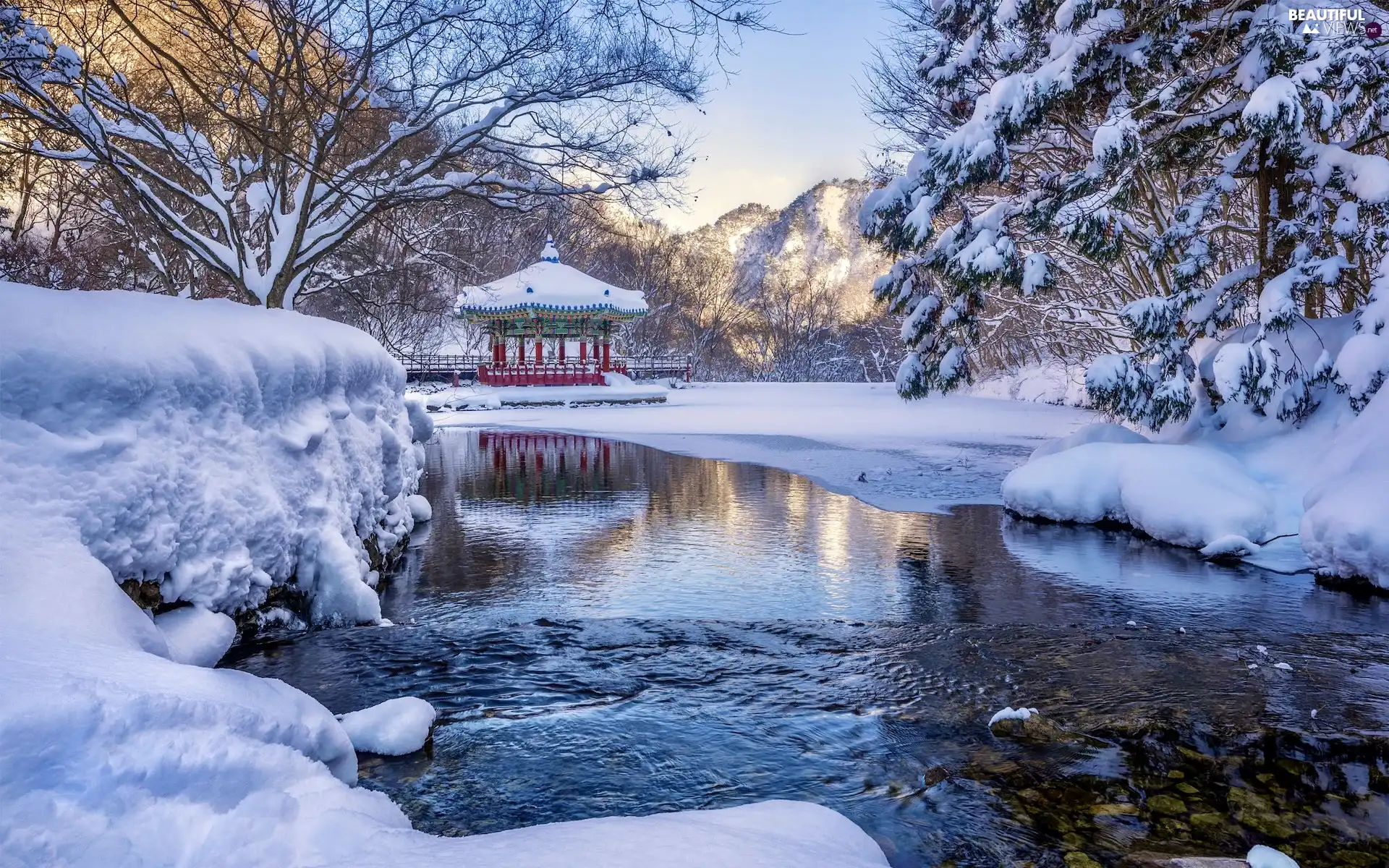 arbour, winter, viewes, Snowy, trees, River