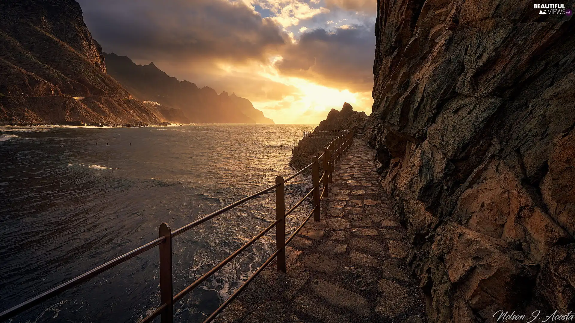 Path, rocks, Tenerife, sea, Great Sunsets, railing, Spain