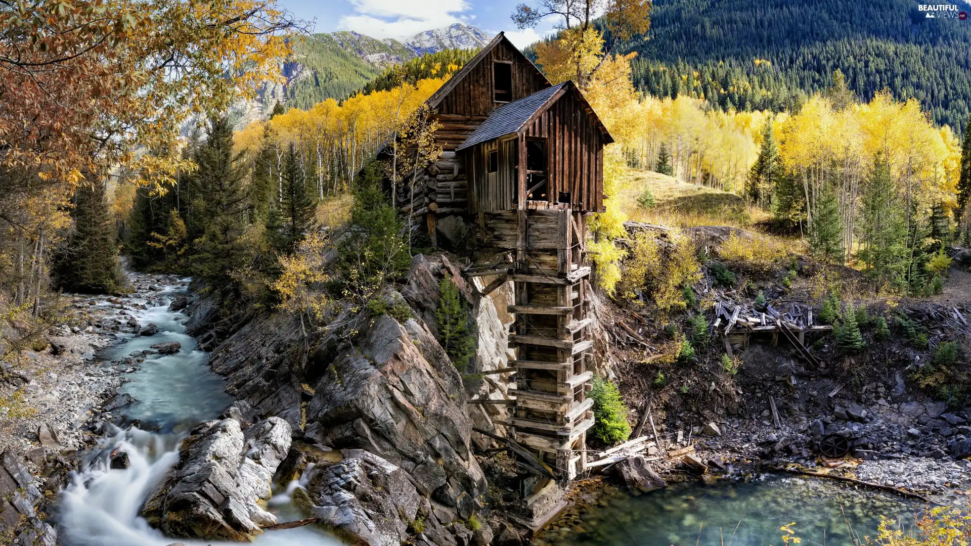 autumn, The United States, Crystal River, rocks, Crystal Mill, State of Colorado
