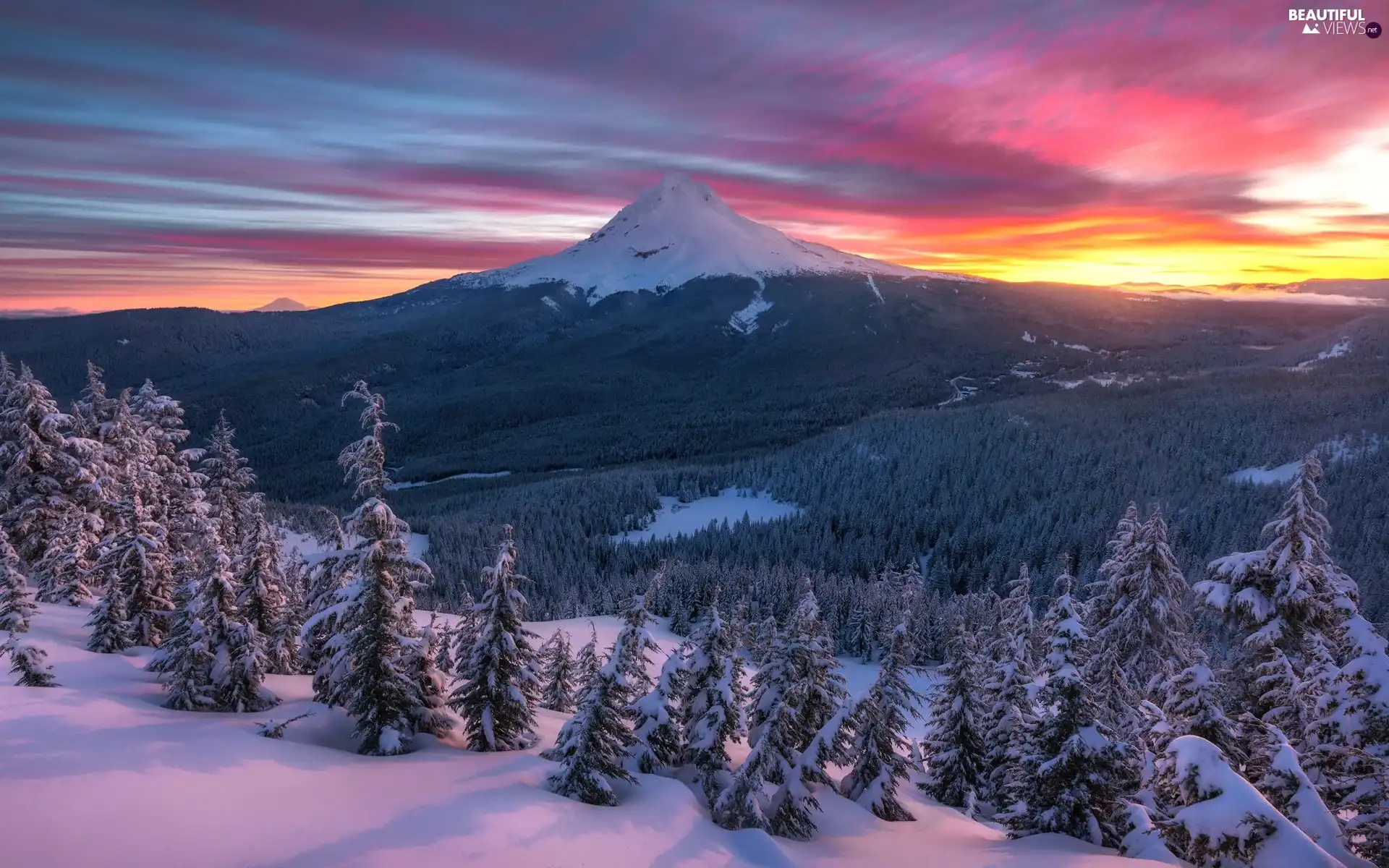 mountains, The United States, winter, Tom Dick and Harry Mountain, trees, Great Sunsets, mountains, Clackamas County, State of Oregon, viewes, forest