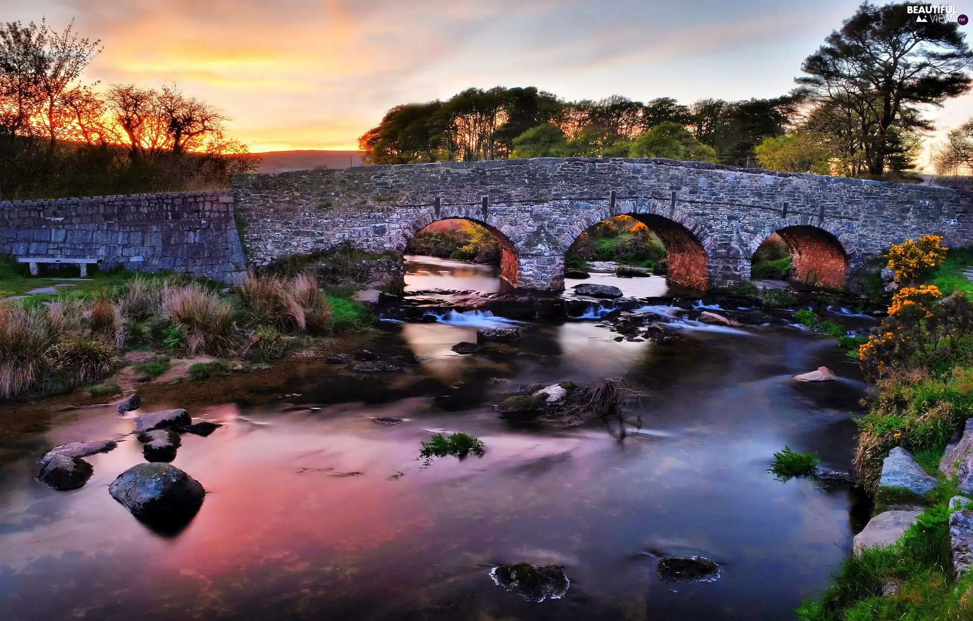 River, bridge, Stones, Great Sunsets