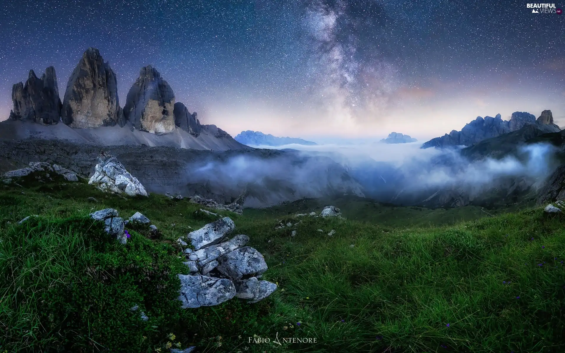 Fog, Dolomites Mountains, grass, Tre Cime di Lavaredo, Italy, Stones, Milky Way