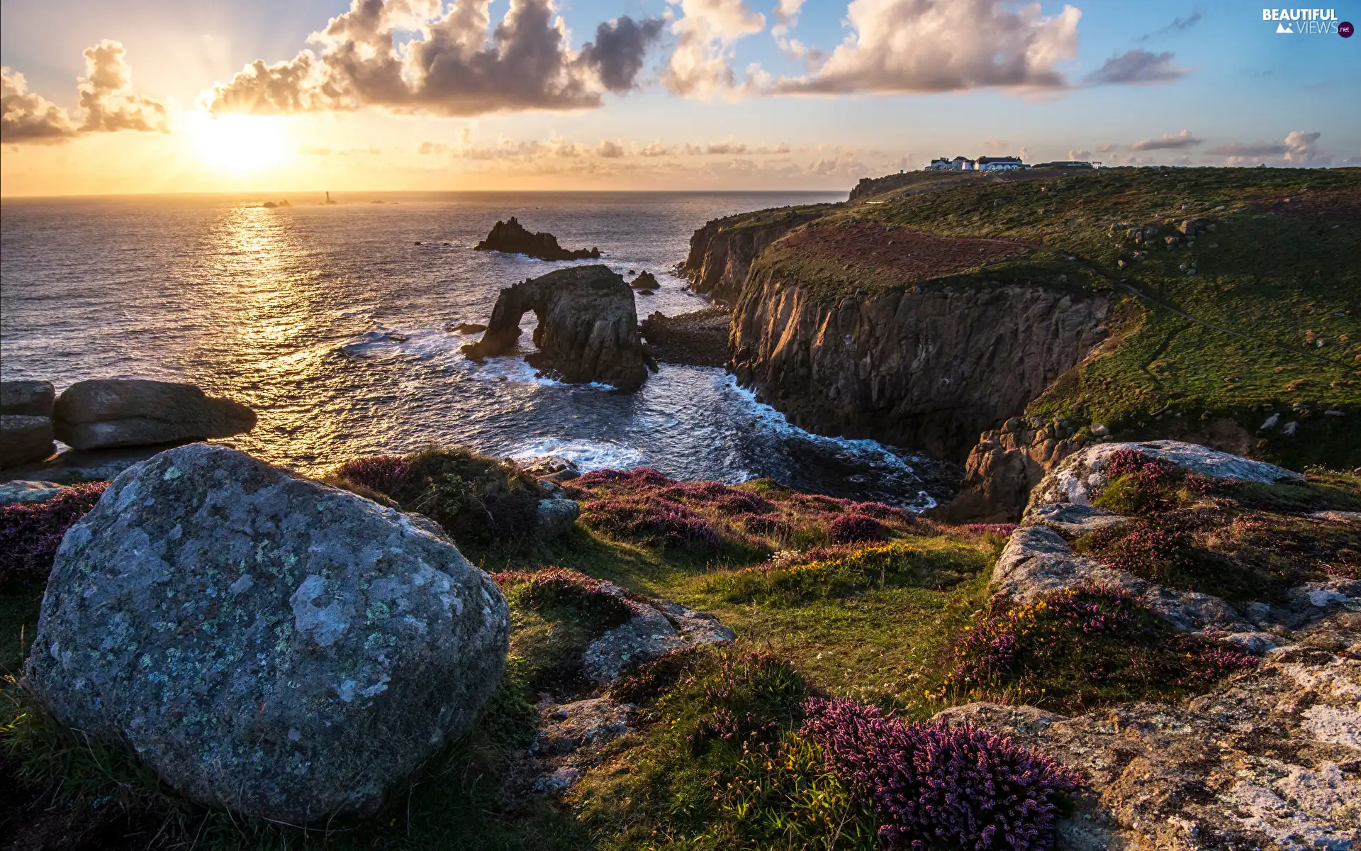 sea, Coast, Sunrise, Stones, England, clouds, Cornwall
