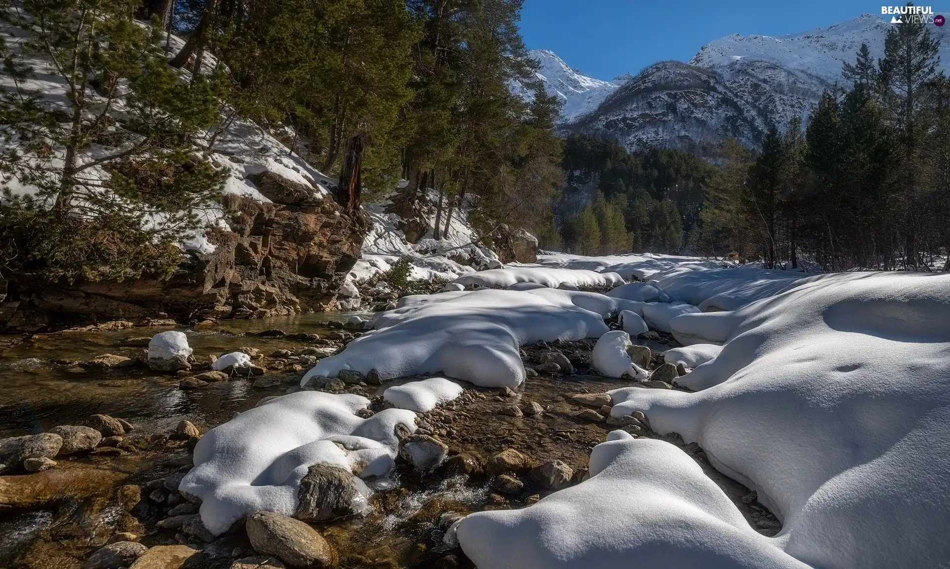 River, rocks, trees, Stones, Mountains, snow, viewes