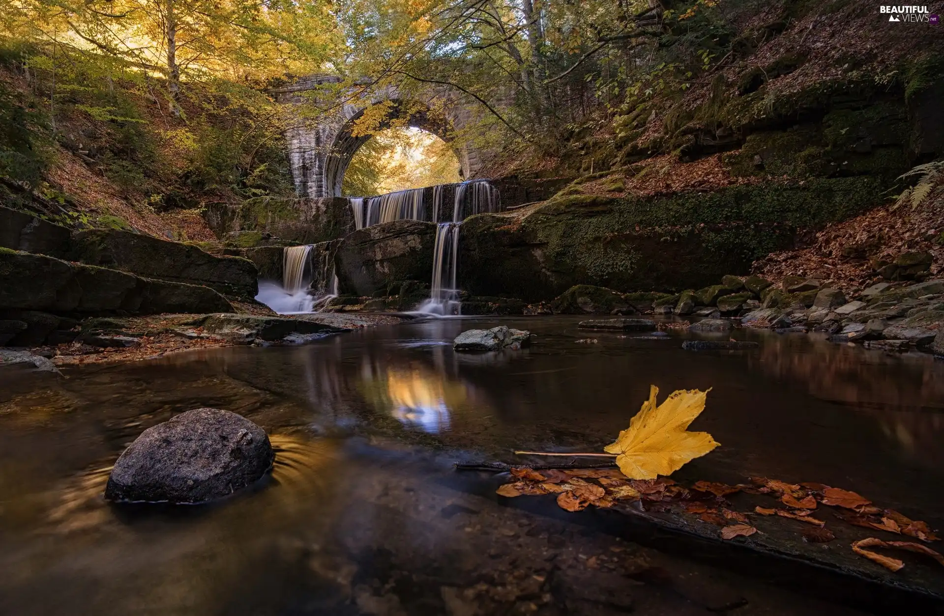 viewes, autumn, waterfall, River, stone, leaf, Stones, trees, forest, bridge, rocks