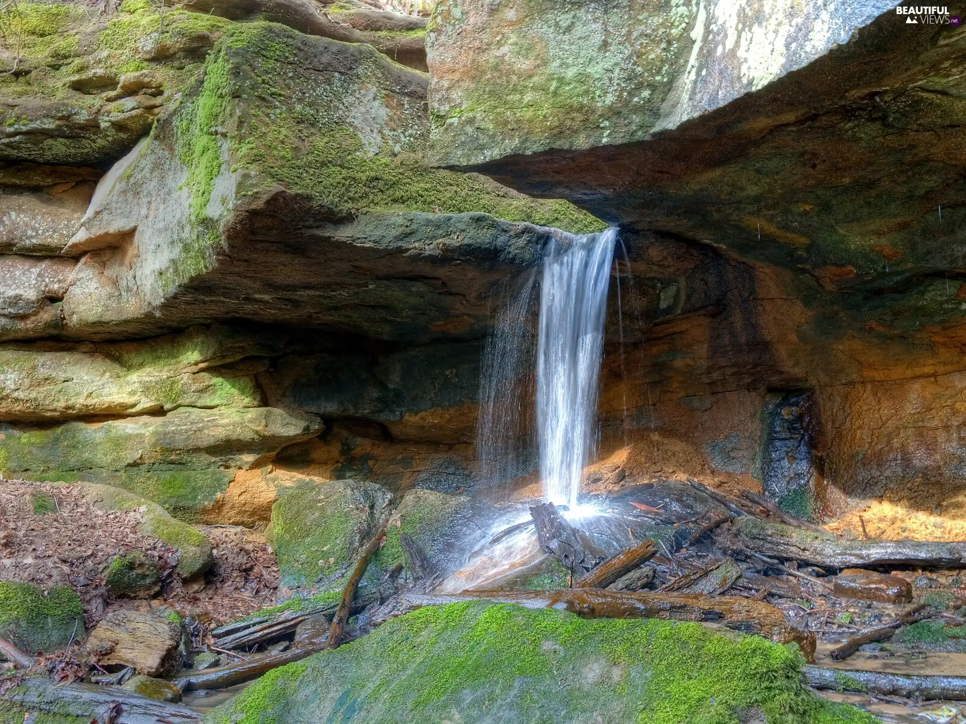 summer, waterfall, rocks
