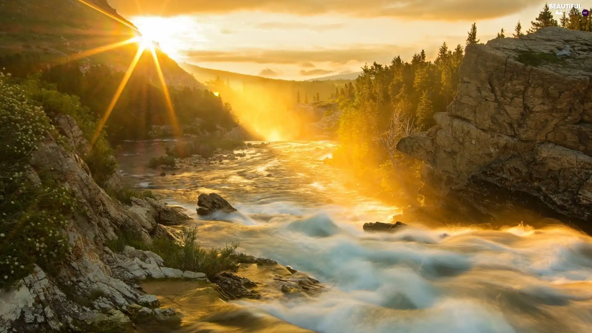 Rocks River Sun Autumn Rays Mountains Beautiful Views Wallpapers