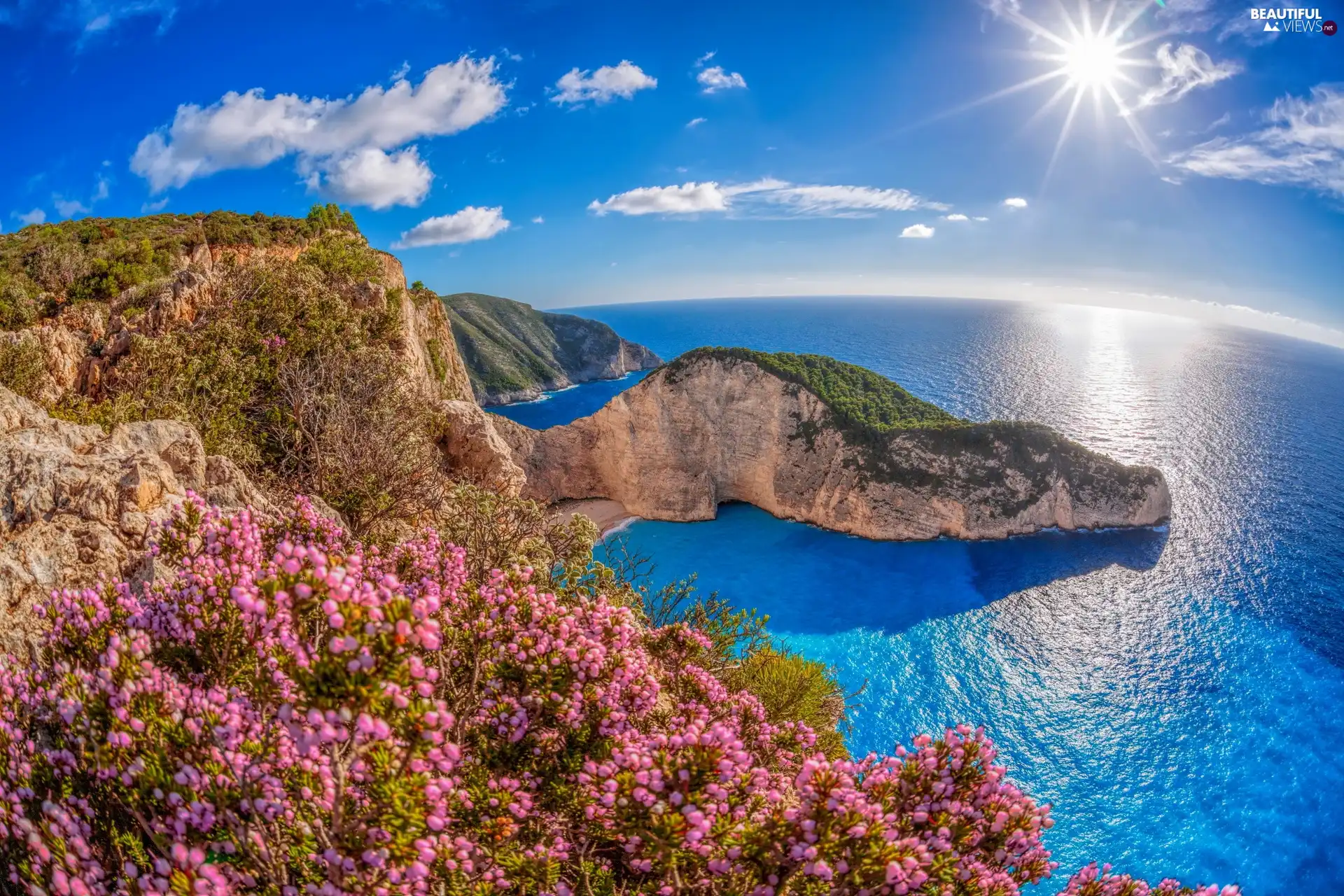 rays of the Sun, Zakynthos Island, Ionian Sea, Navagio Beach, Greece, Gulf, Mountains