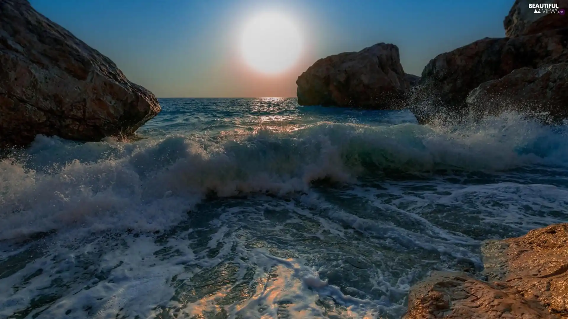 sea, Waves, sun, rocks