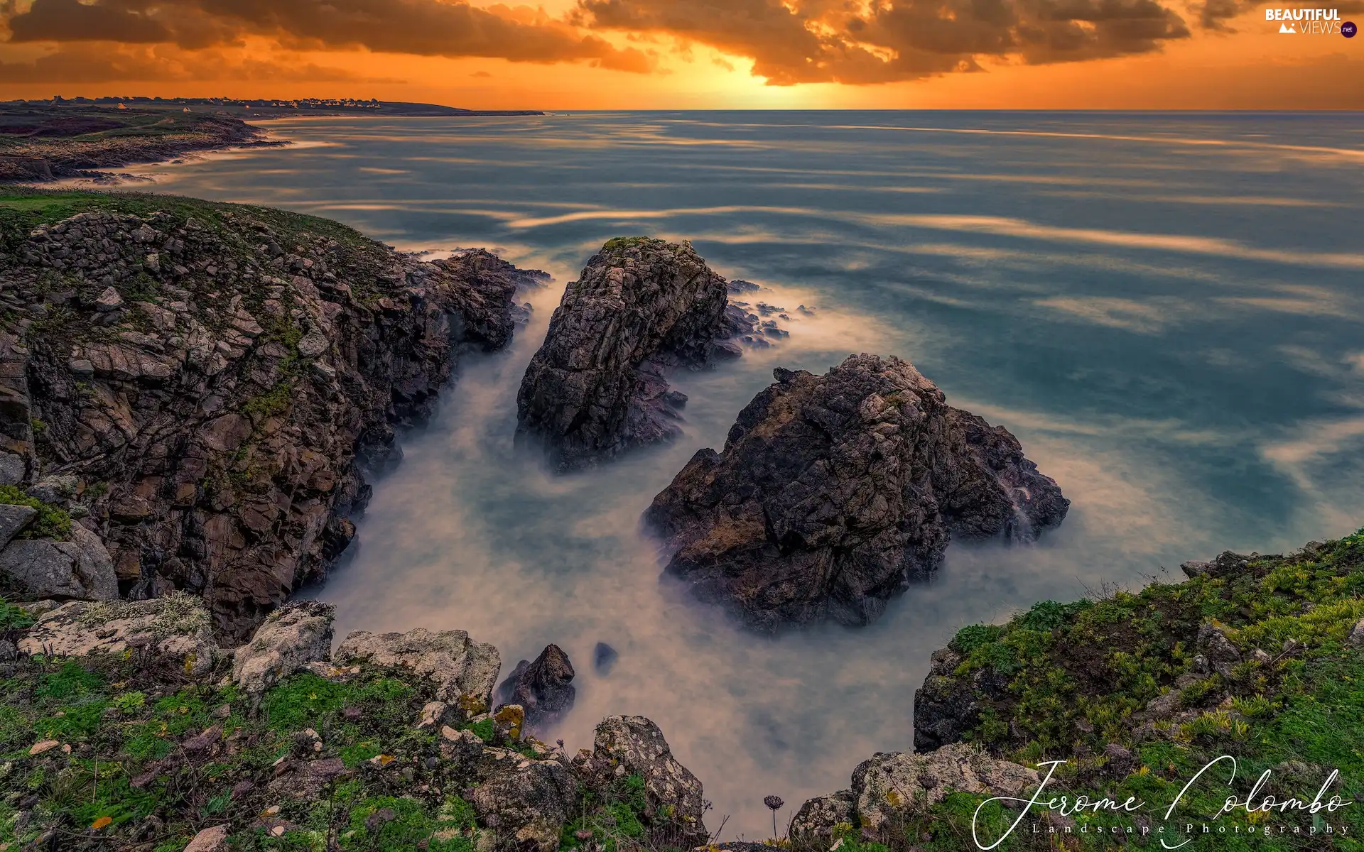 sea, France, Islets, Sunrise, rocks, Brittany