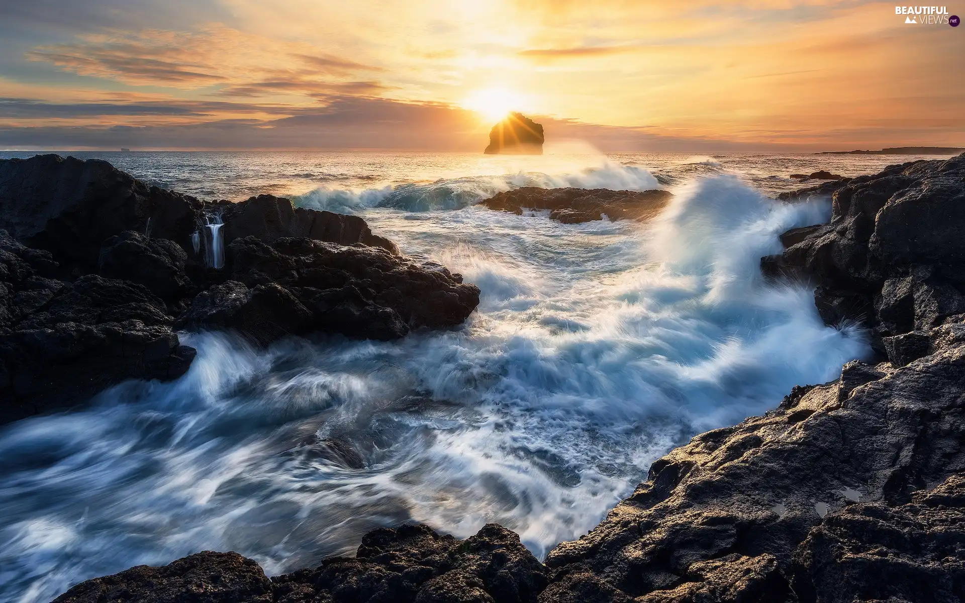 Waves, Sunrise, Coast, rocks, sea