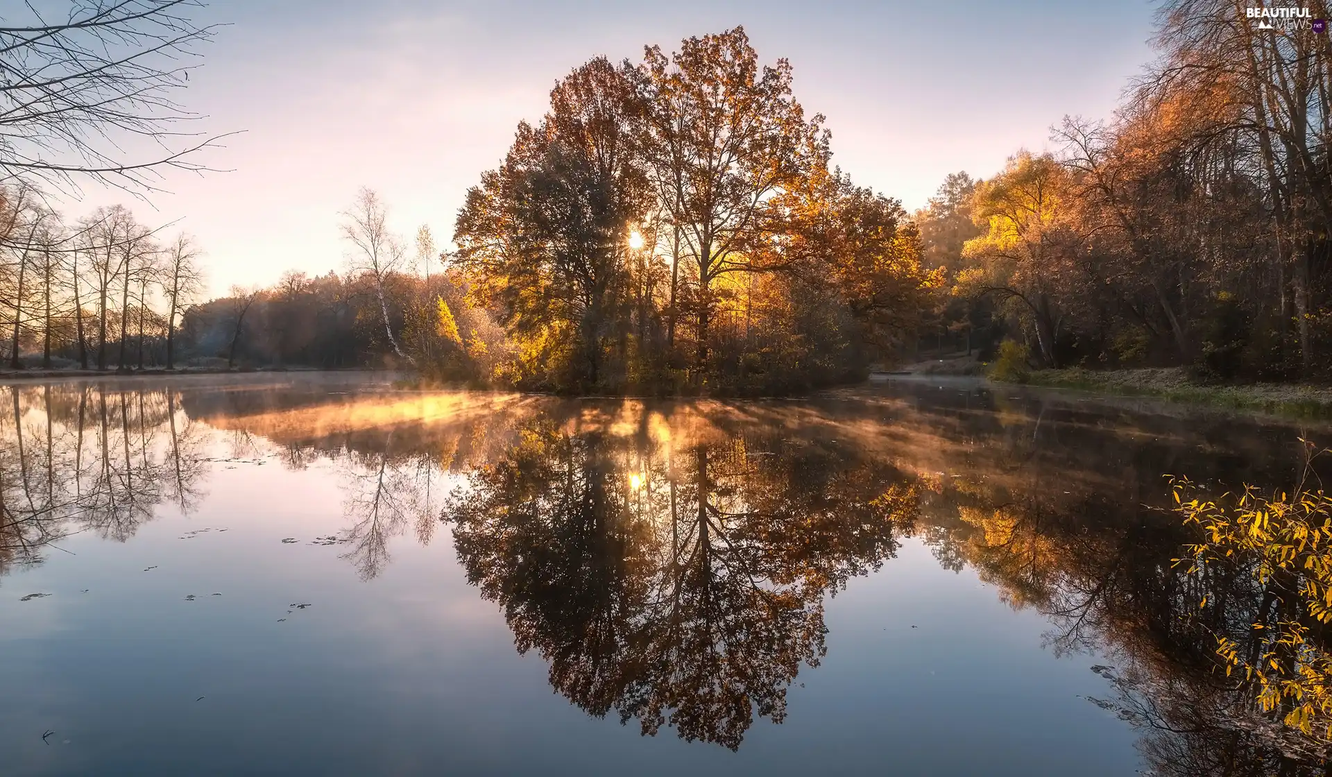 trees, autumn, reflection, Sunrise, viewes, lake