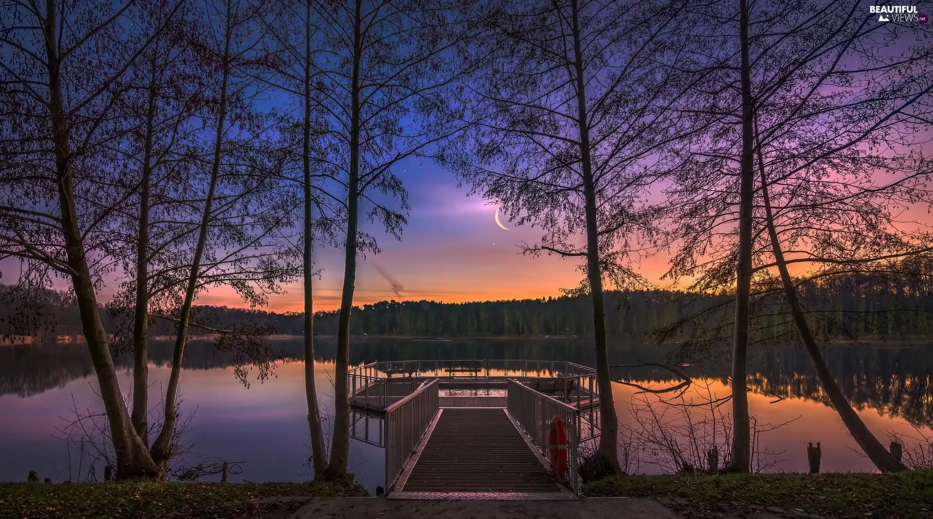 trees, lake, Great Sunsets, moon, viewes, Platform