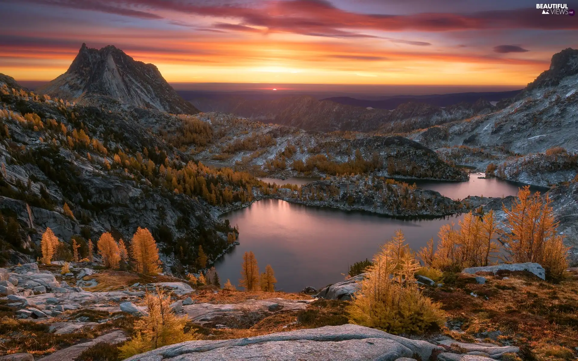 trees, Mountains, Great Sunsets, autumn, viewes, lake