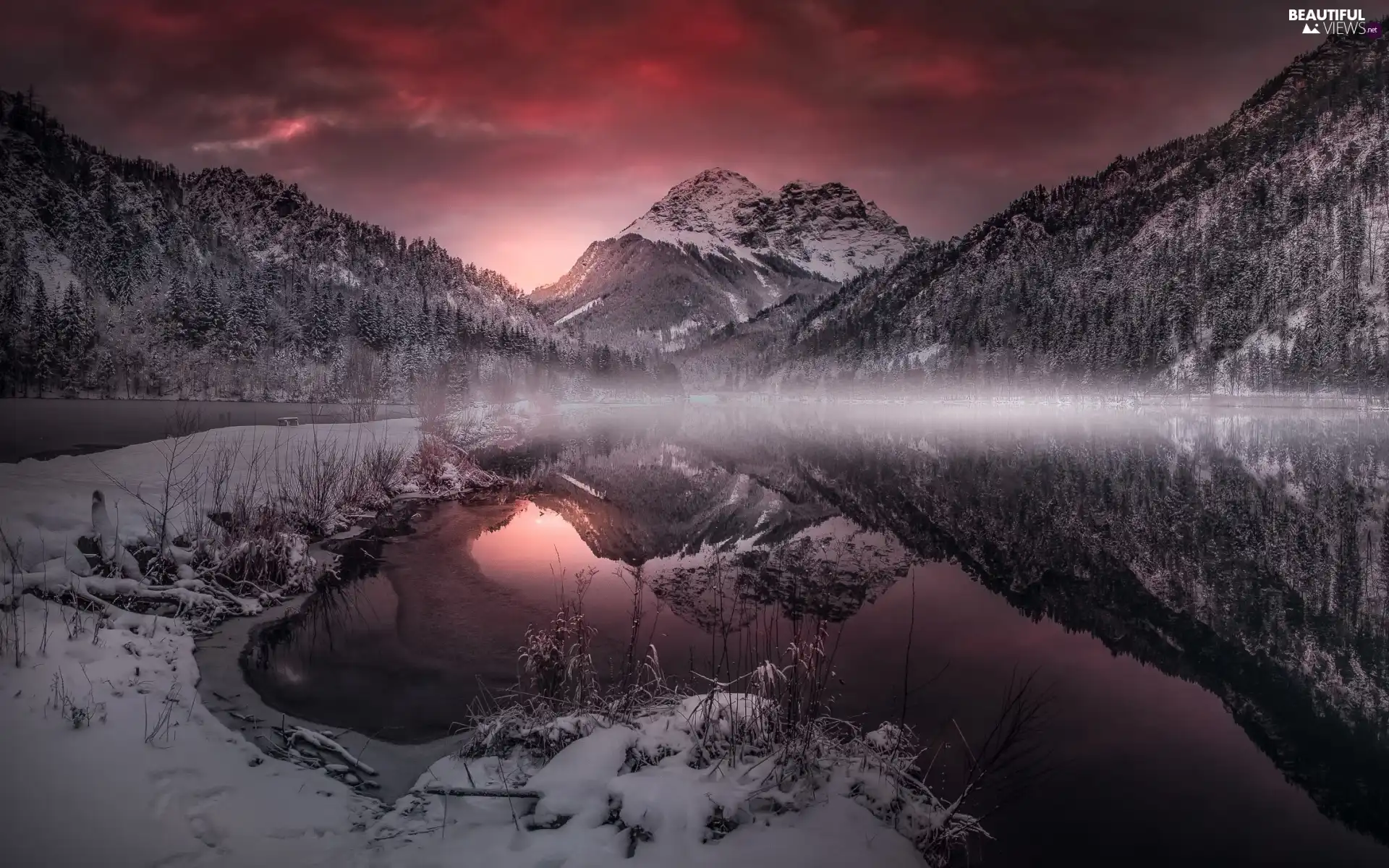 trees, Snowy, lake, Mountains, winter, viewes, Great Sunsets
