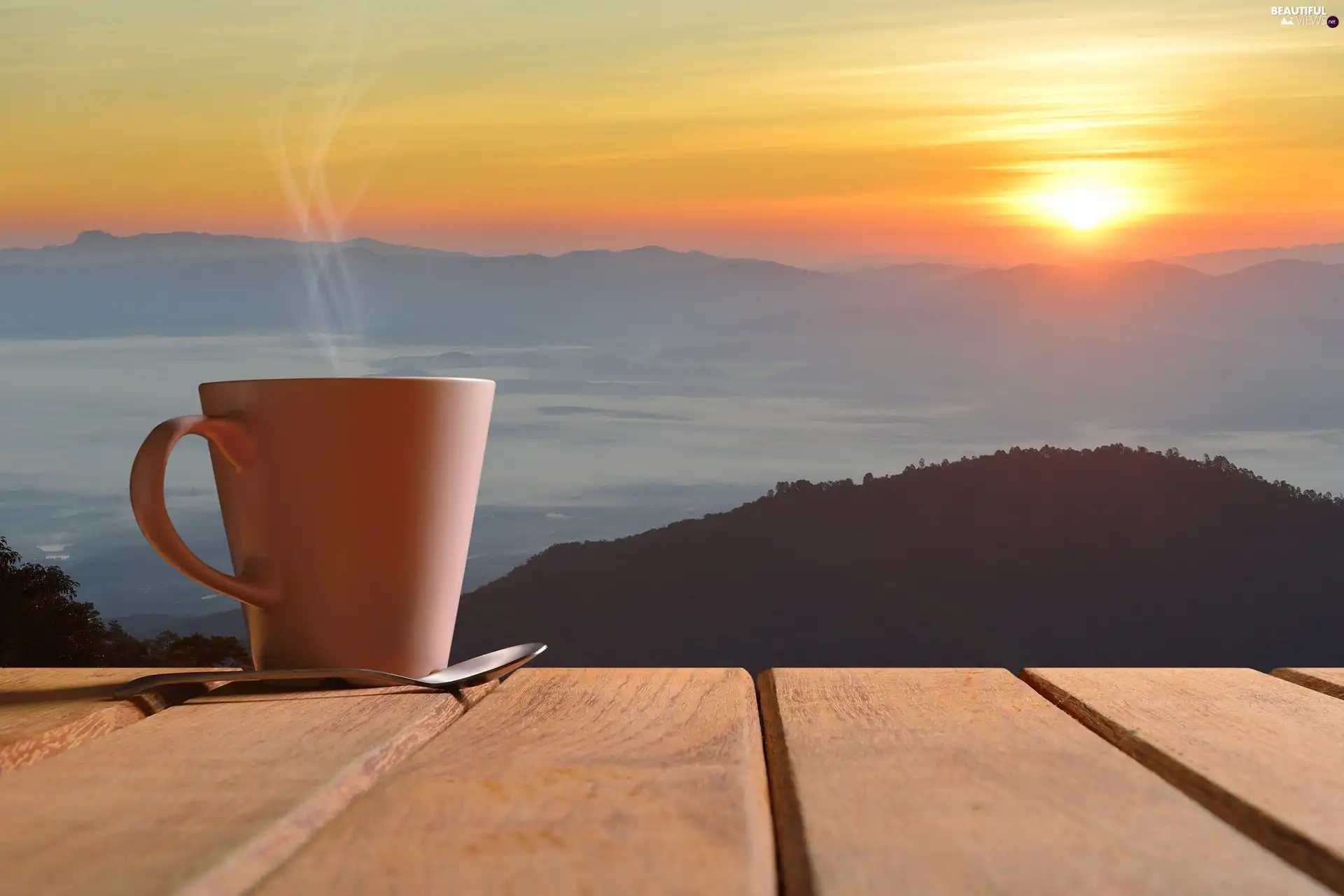 boarding, Steam, Mountains, teaspoon, Cup, landscape, Great Sunsets