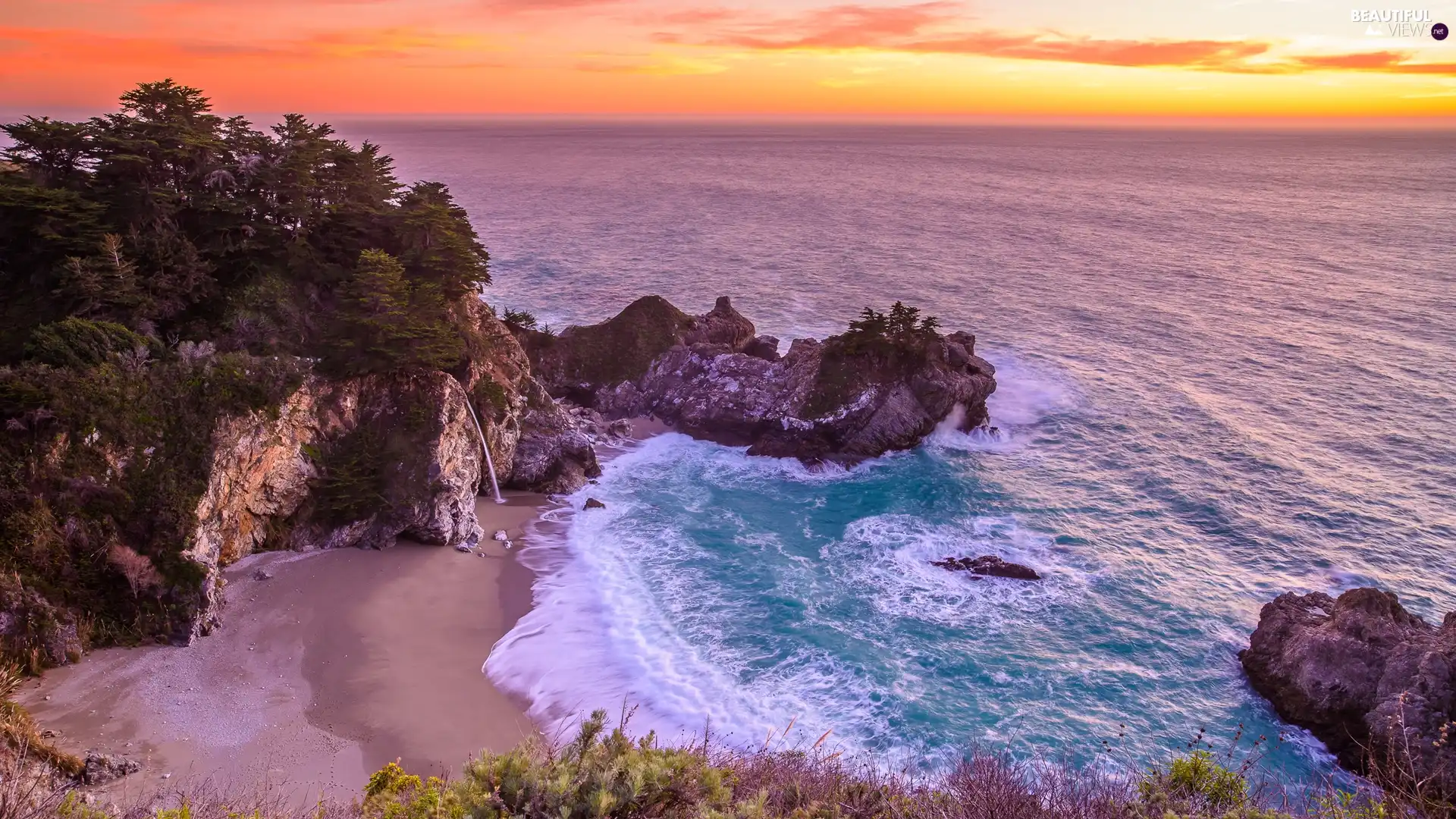VEGETATION, viewes, Great Sunsets, Coast, sea, California, trees, Julia Pfeiffer Burns State Park, The United States, rocks, McWay Falls, McWay Cove
