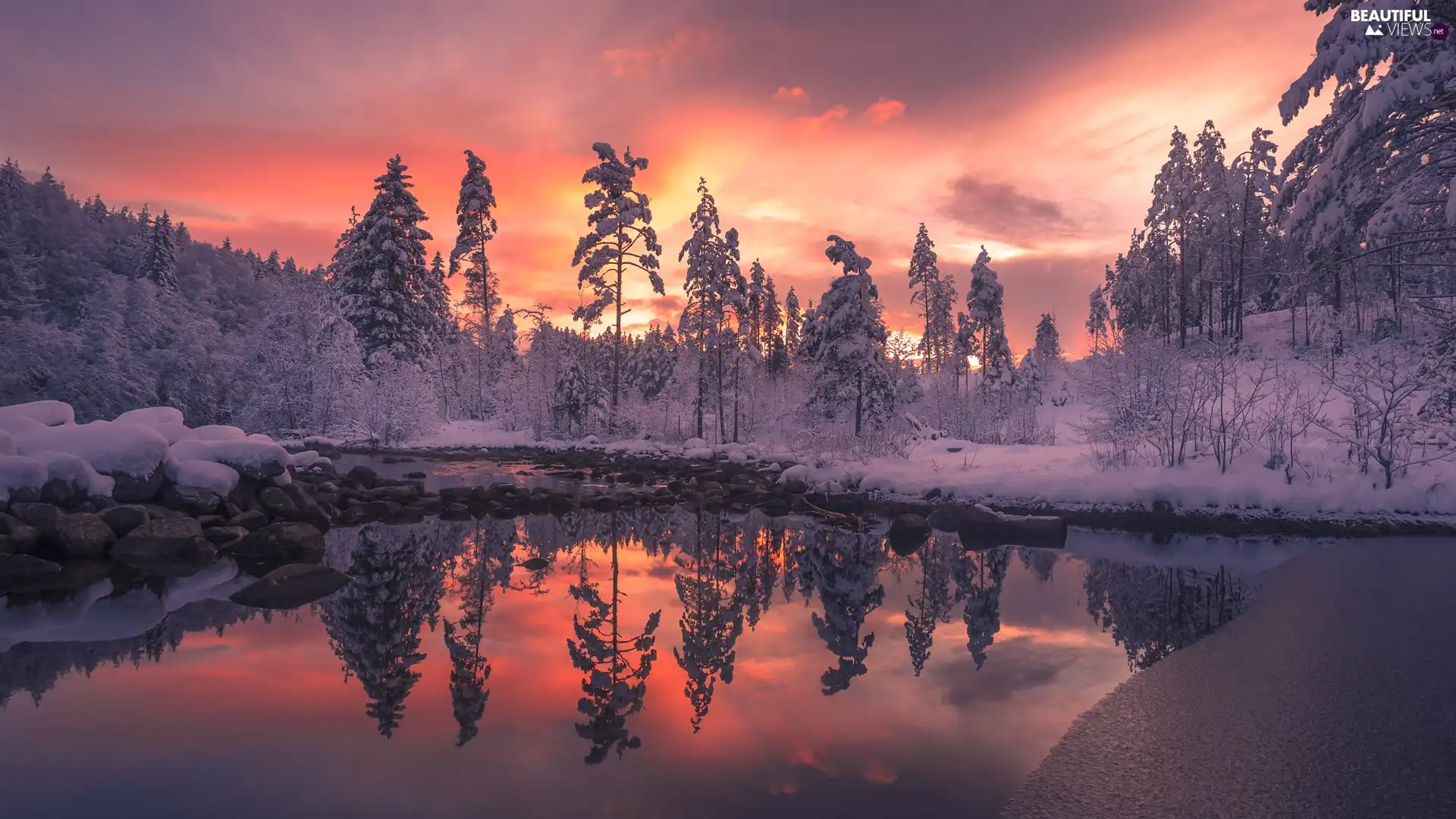 Stones, lake, viewes, Snowy, winter, trees, Great Sunsets