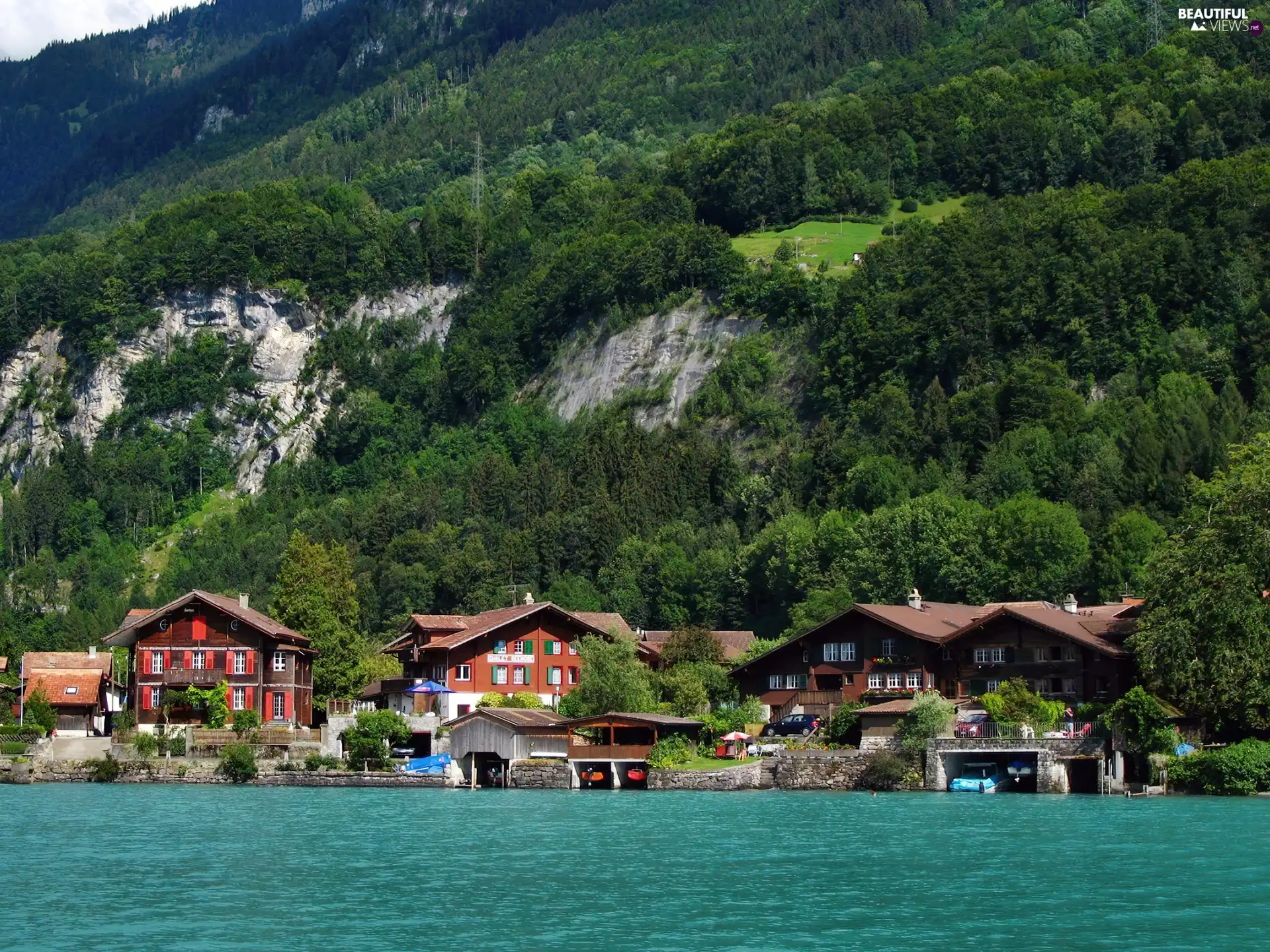 Mountains, lake, Switzerland, Houses