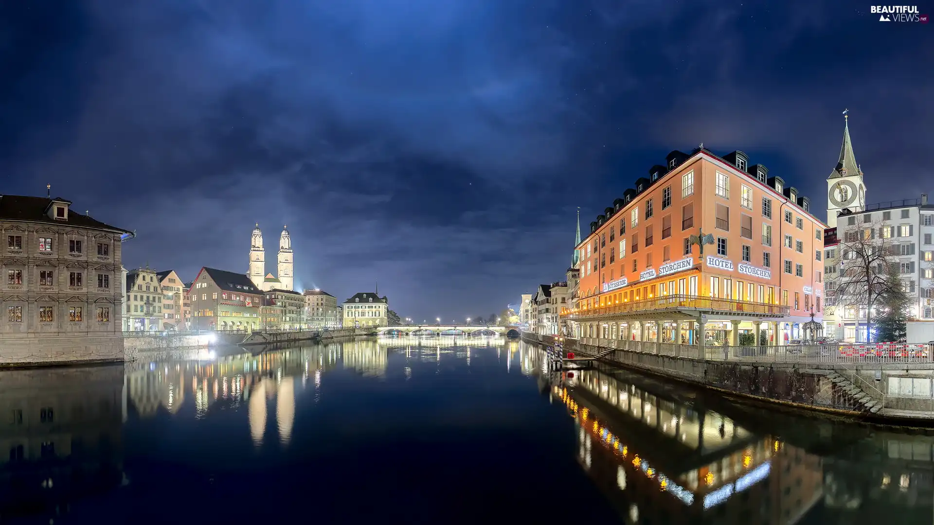 illuminated, Zurich, Night, bridge, River Limmat, buildings, Switzerland