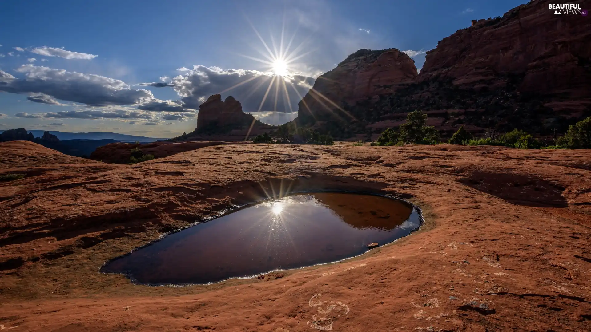 clouds, puddle, Arizona, rays of the Sun, rocks, Sedona, The United States