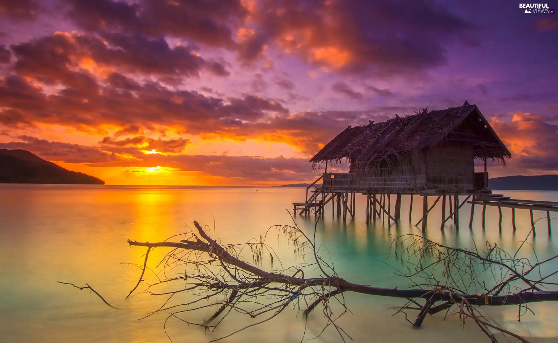sea, indonesia, Great Sunsets, Lod on the beach, cottage, Mansuar Island
