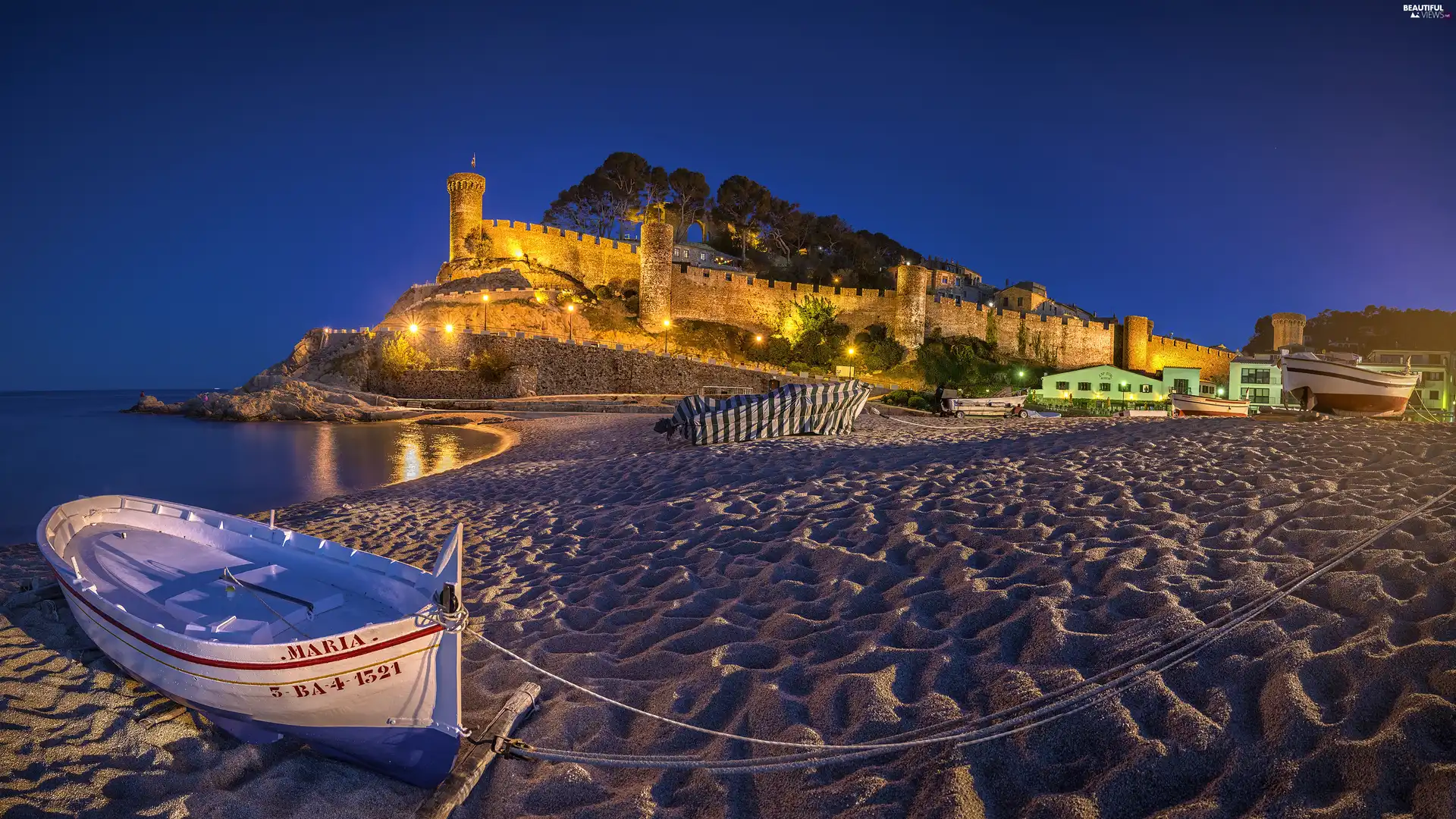 Stone, Tossa de Mar, Beaches, La Vila Vella, Spain, the walls, Boat