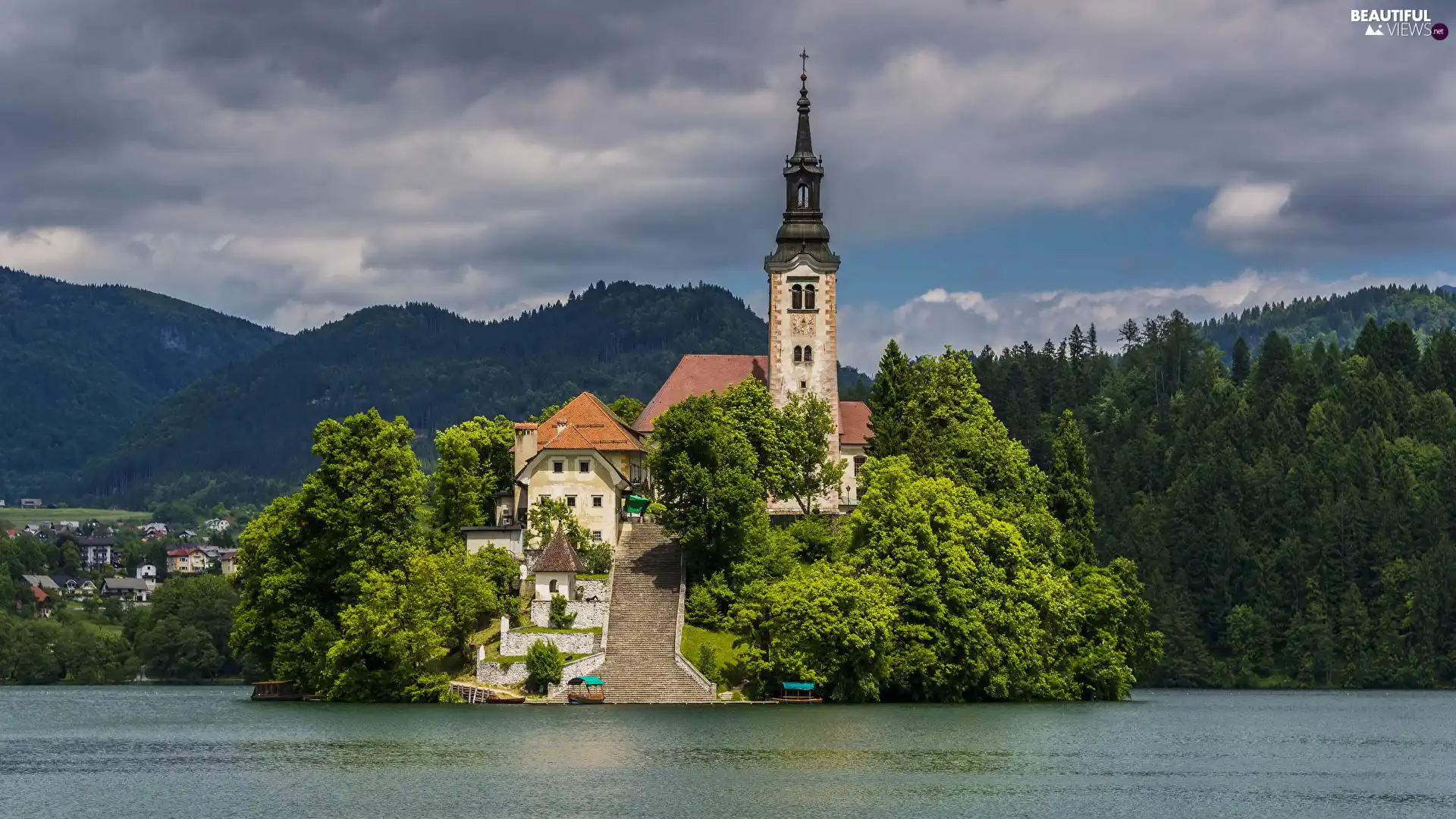 woods, Blejski Otok Island, Church of the Assumption of the Virgin Mary, viewes, Stairs, Slovenia, Lake Bled, clouds, trees, Mountains