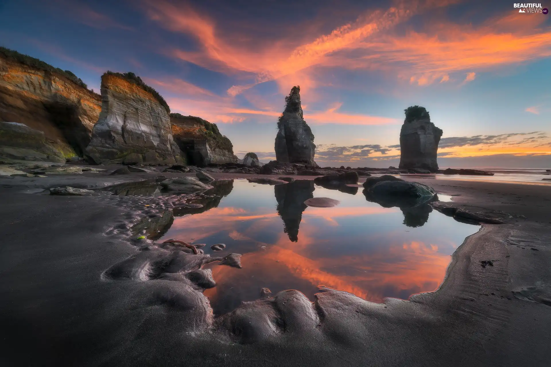 Tongaporutu, New Zeland, rocks, Great Sunsets, Beaches, Taranaki Region