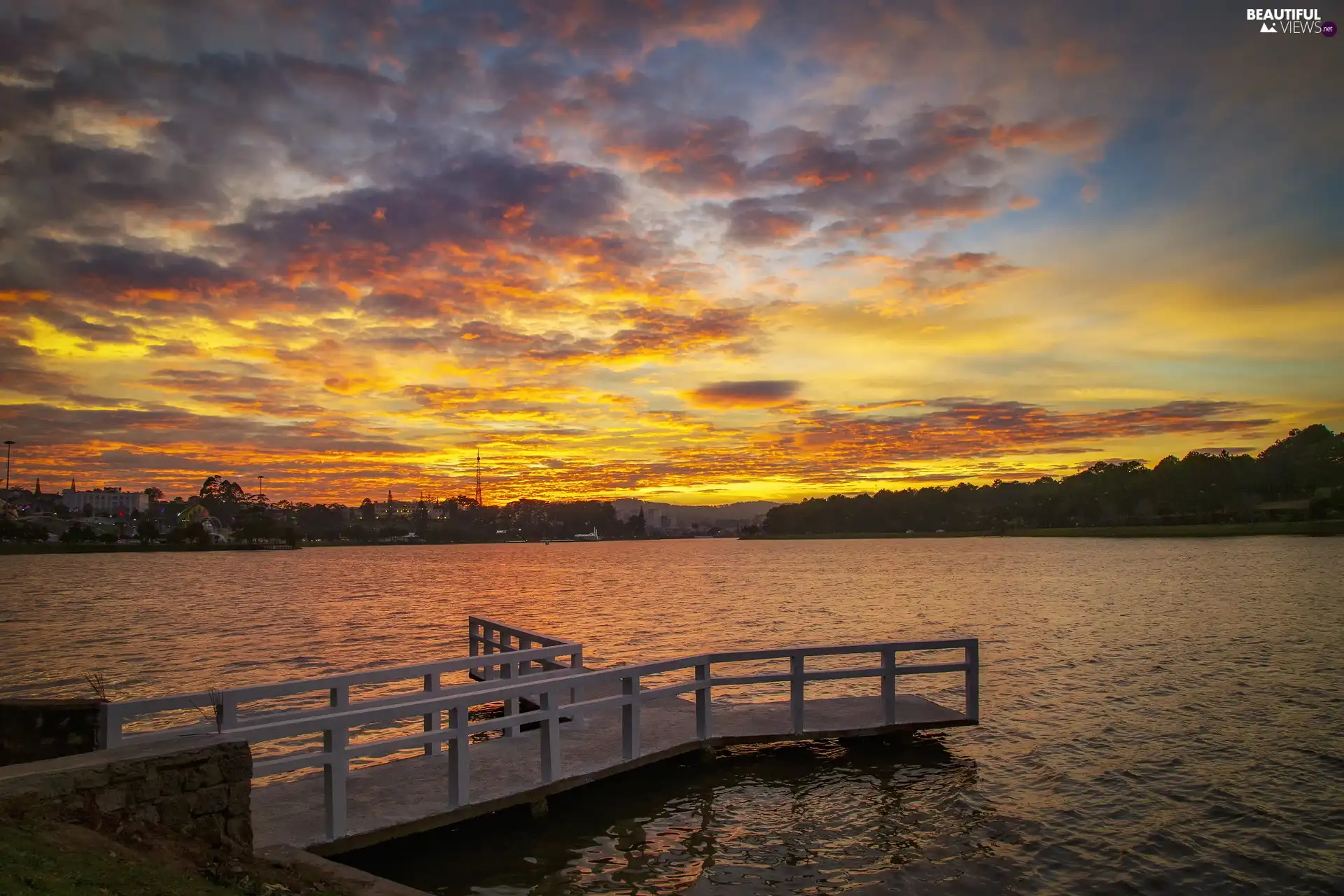 clouds, lake, viewes, Great Sunsets, Platform, trees, Town