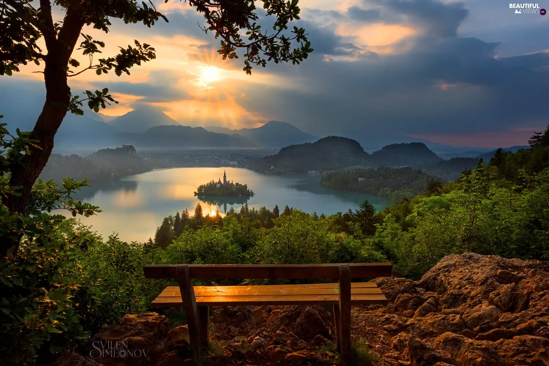 Bled Island, Slovenia, Julian Alps Mountains, Lake Bled, trees, viewes, Great Sunsets, clouds, Bench