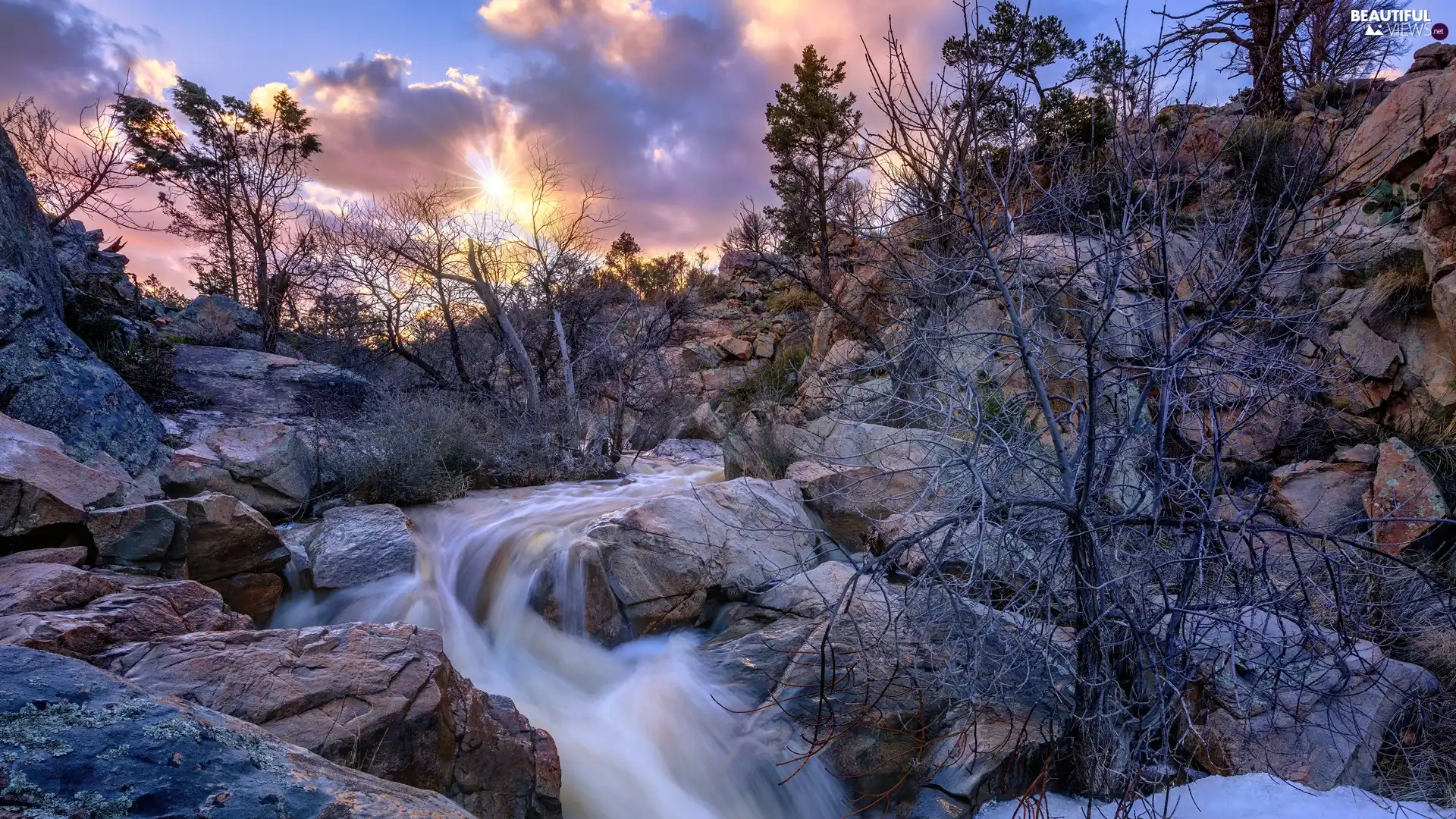 trees, River, rays of the Sun, clouds, viewes, rocks
