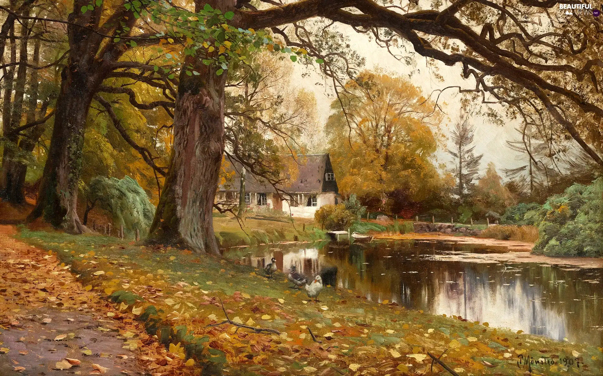 picture, painting, Peder Mork Monsted, autumn, viewes, country, house, trees, Pond - car