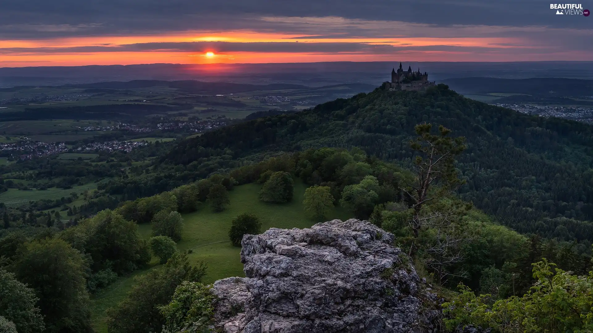 Hohenzollern Castle, Germany, forest, Great Sunsets, viewes, Stone, The Hills, Hohenzollern Mountain, Baden-Württemberg, clouds, trees