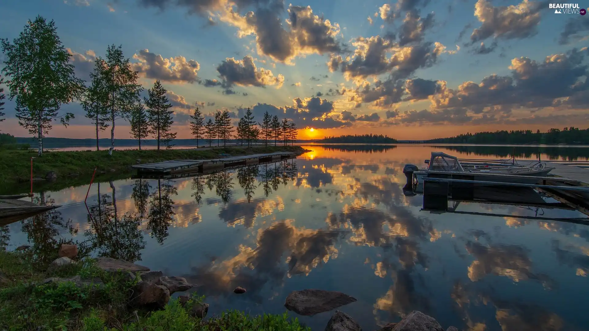 trees, viewes, clouds, Platform, reflection, Great Sunsets, lake, Boat