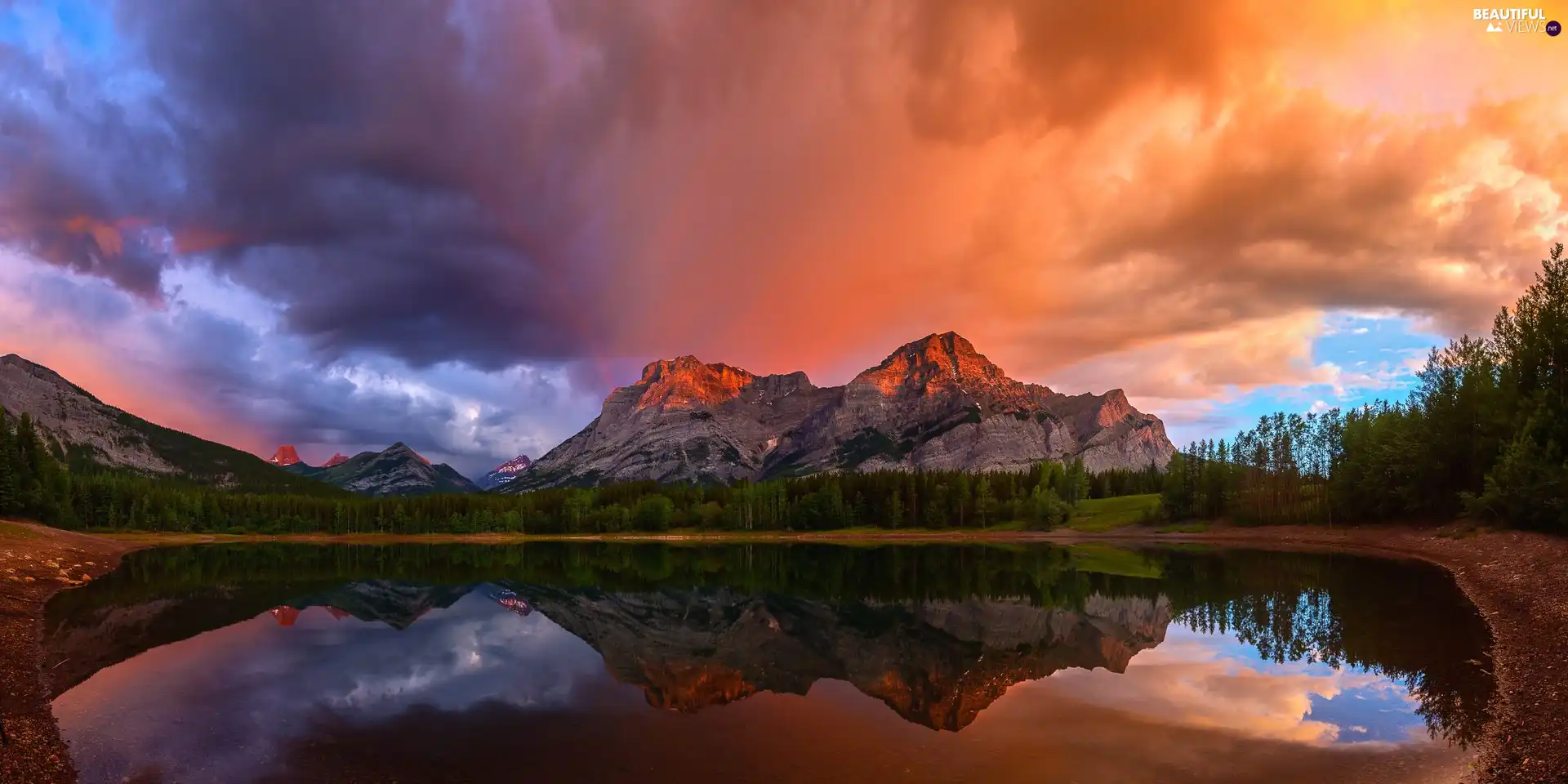 clouds, lake, viewes, Great Sunsets, Mountains, trees, reflection