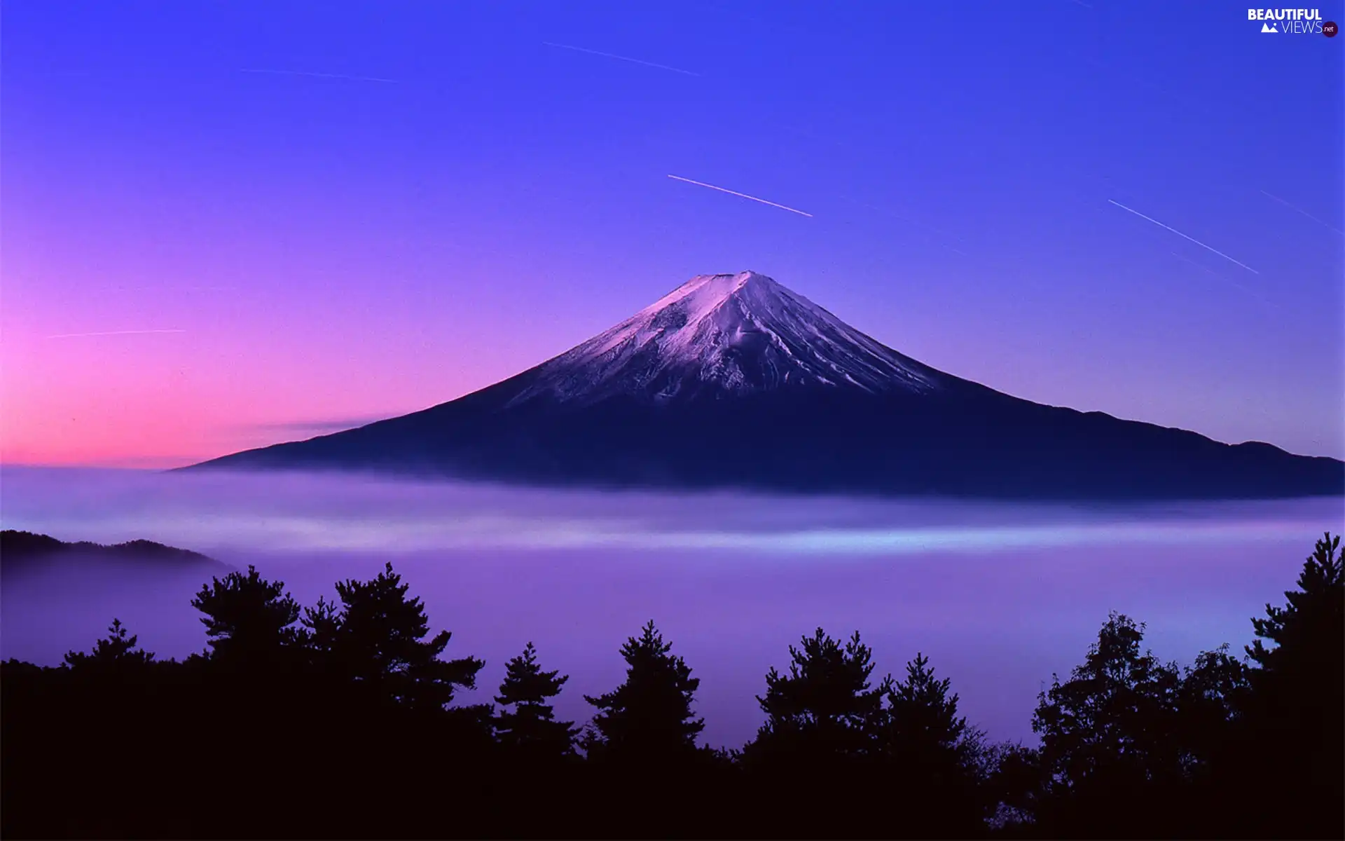 trees, viewes, Fuji, clouds, volcano
