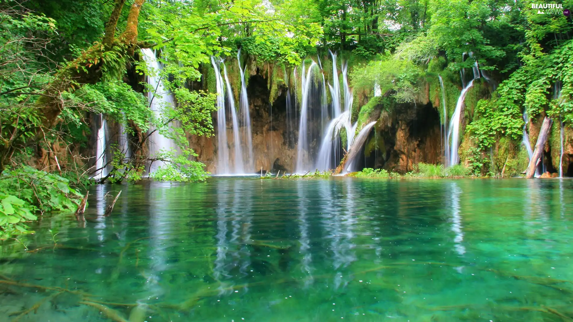 viewes, waterfall, turquoise, water, lake, trees