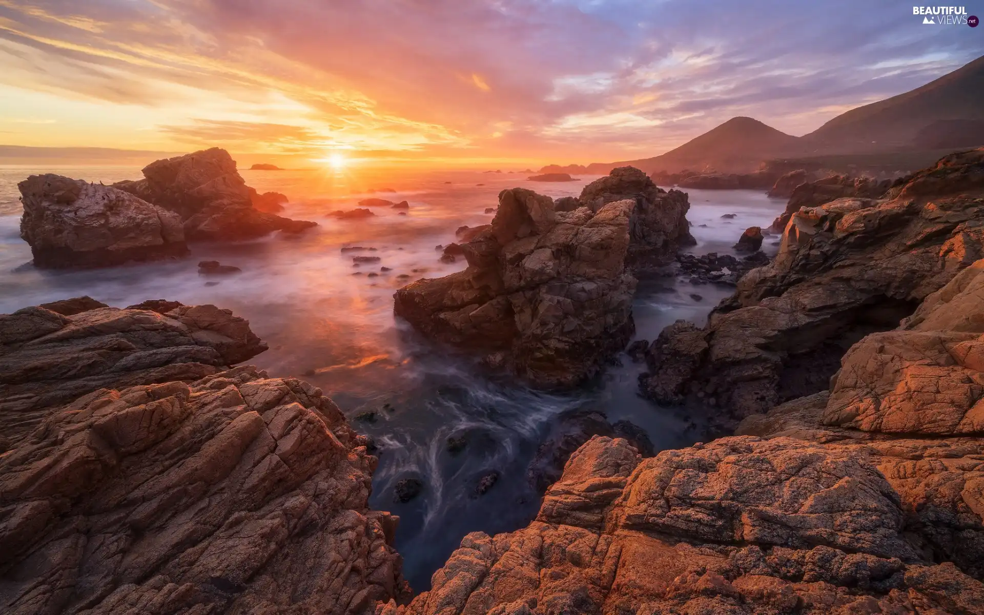 Big Sur, sea, Great Sunsets, rocks, Stones, California, The United States, mountains