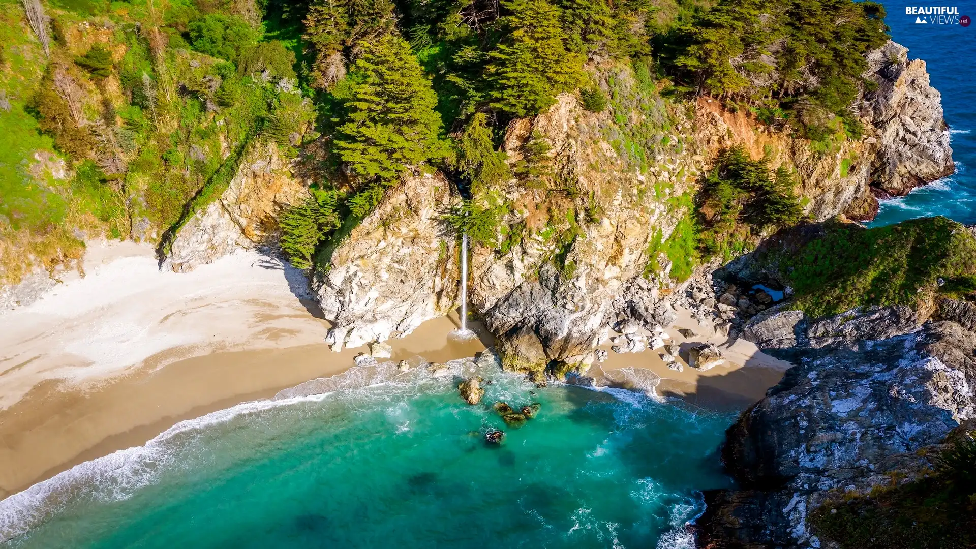 Gulf, McWay Falls, VEGETATION, Monterey County, Beaches, trees, California, rocks, Julia Pfeiffer Burns State Park, The United States, sea, viewes, McWay Cove