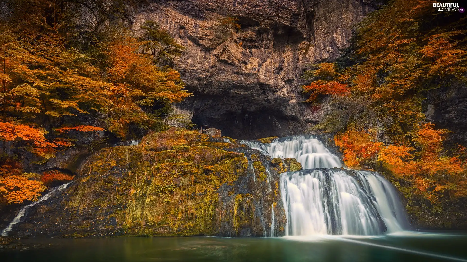 autumn, trees, cave, viewes, forest, rocks, waterfall