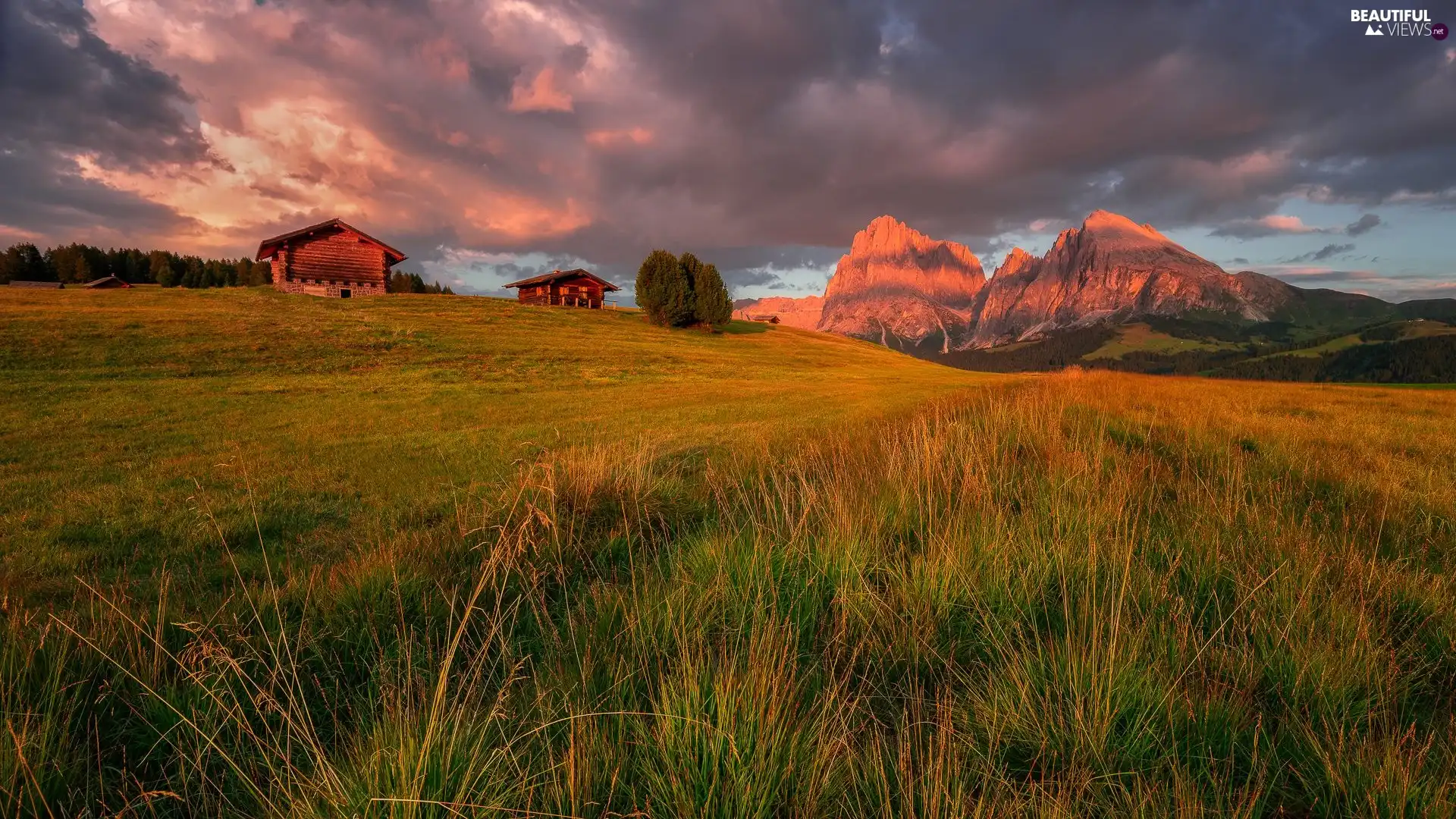 Dolomites, Houses, clouds, trees, Meadow, Mountains, Italy, viewes