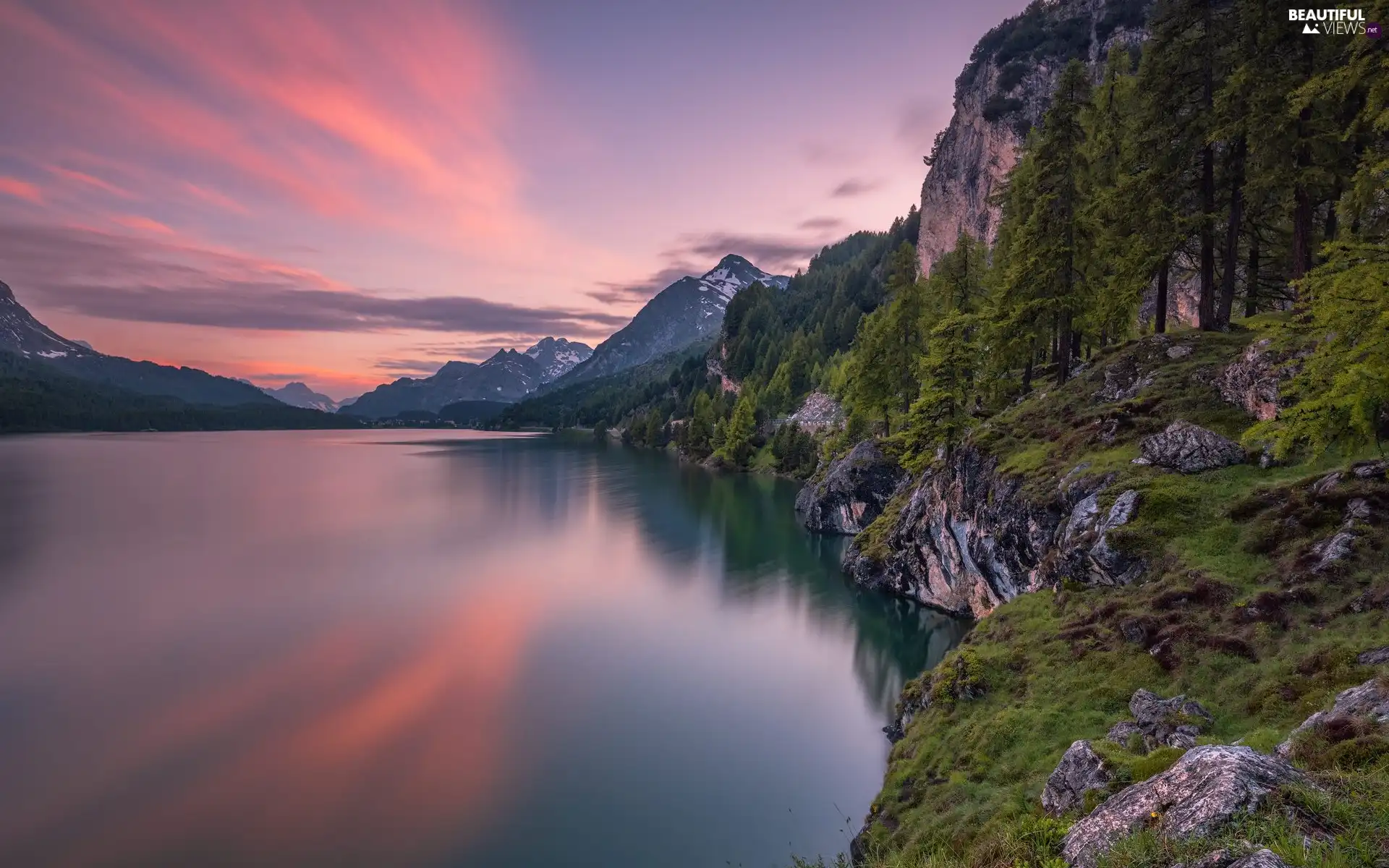 Mountains, Lake Silsersee, Great Sunsets, forest, viewes, Engadin Valley, Switzerland, trees
