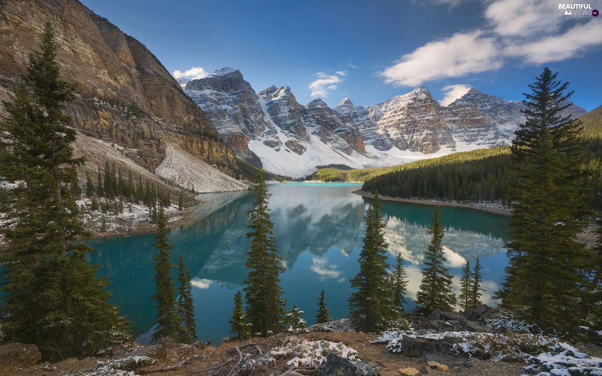 clouds, Lake Moraine, trees, Province of Alberta, viewes, Banff National Park, forest, Canada, reflection, Mountains