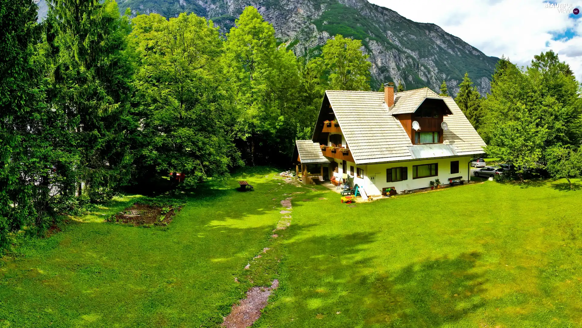 viewes, green, house, trees, Mountains