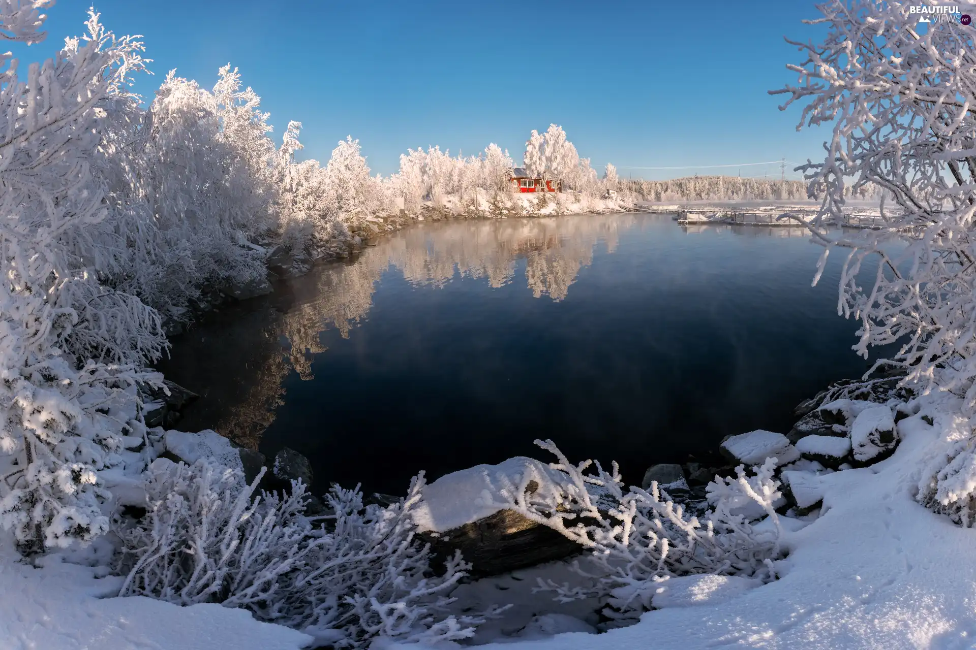 house, winter, trees, viewes, snowy, lake