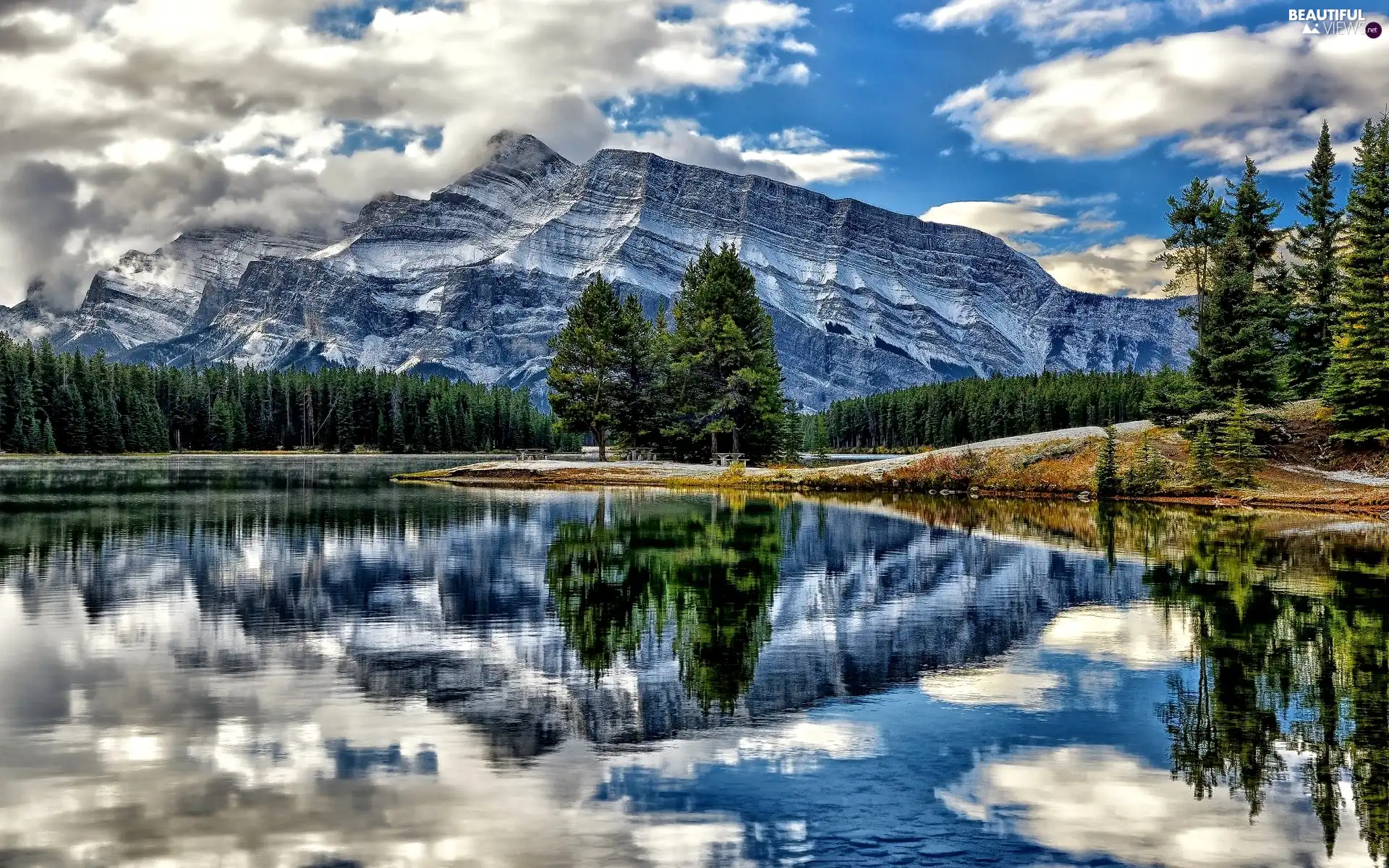 Canada, Banff National Park, Mountains, Mount Rundle, trees, viewes, Two Jack Lake, reflection, woods