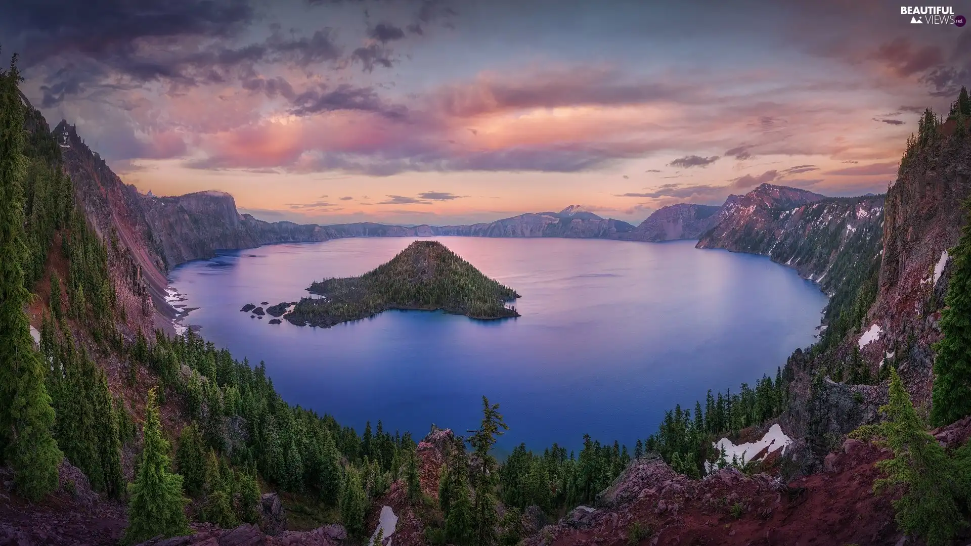 Mountains, Crater Lake National Park, Crater Lake, Island of Wizard, State of Oregon, The United States, viewes, clouds, trees