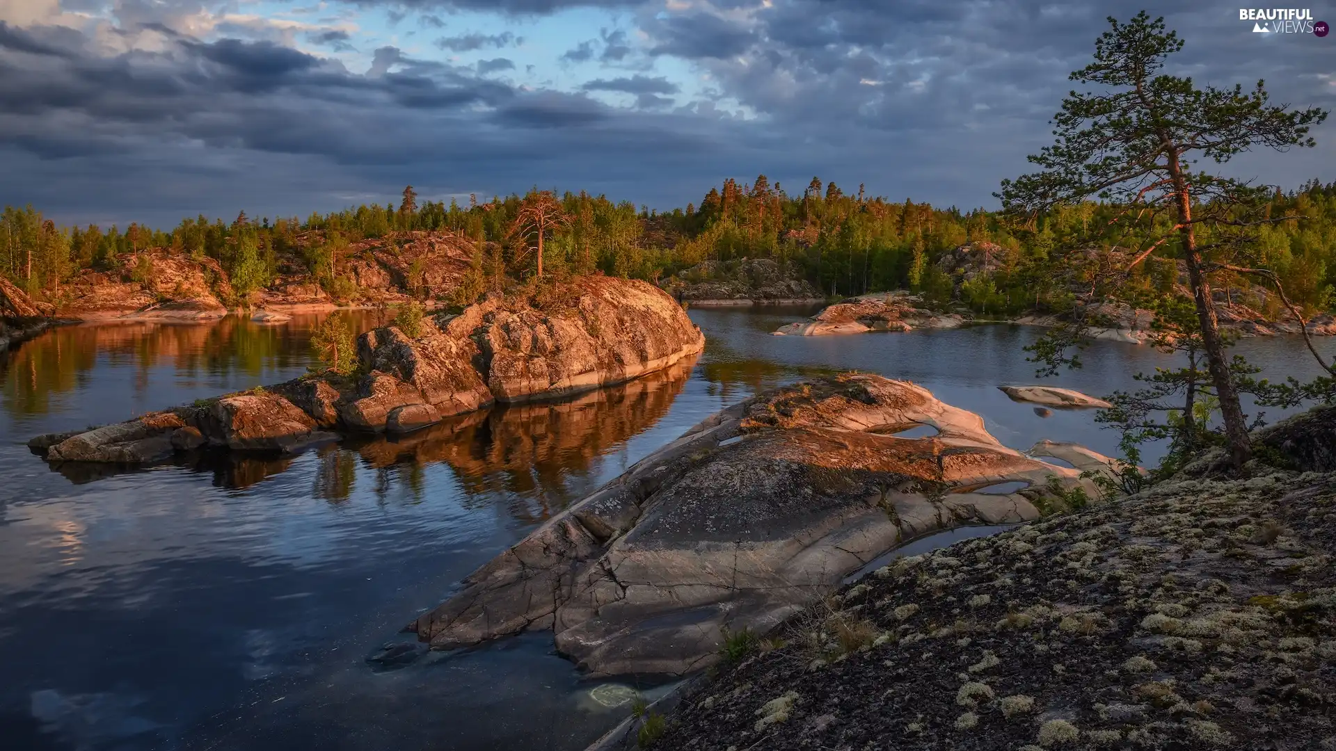 lake, Ladoga, rocks, trees, clouds, Karelia, Russia, viewes
